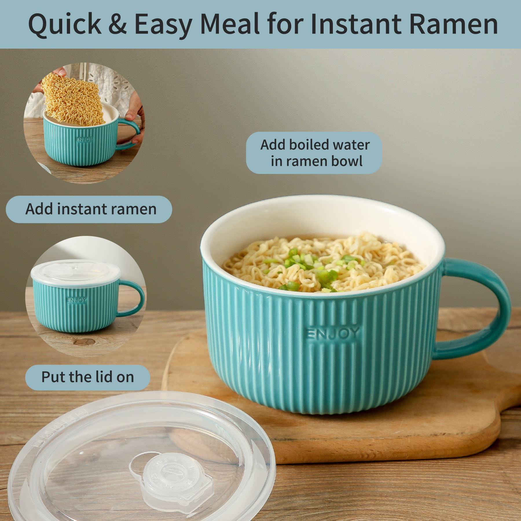 Ceramic Soup Bowl with Lid - Large Microwave Safe Soup Mug with Handle & Airtight Cover - Perfect for Cereal, Salad, Ramen, Instant Noodles - Ideal for Home, Office & Dorm Use (Turquoise)