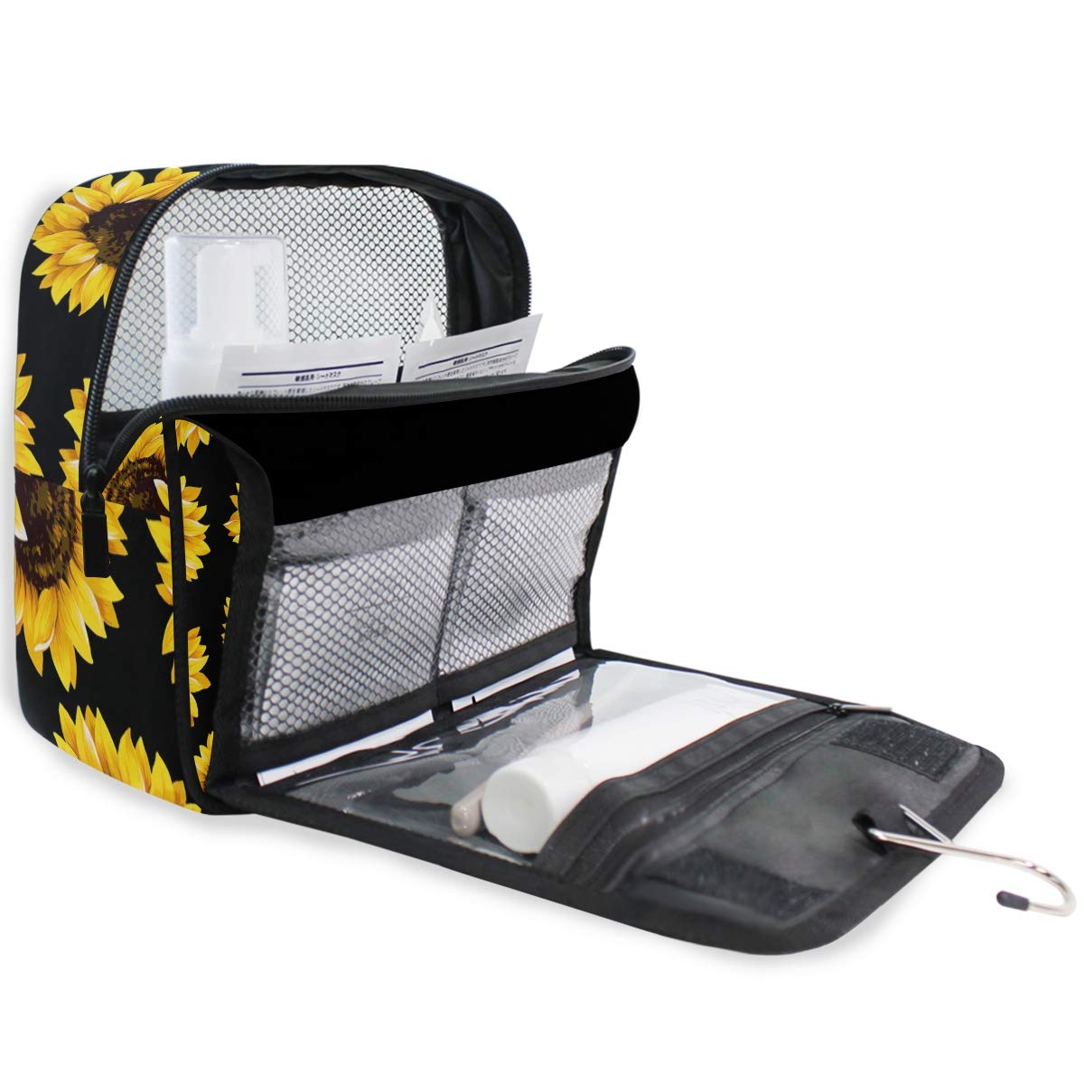 Sunflower Black Floral Hanging Toiletry Bag - Large Waterproof Cosmetic Organizer Pouch for Women & Girls | Travel, Gym, Makeup Storage & Daily Essentials