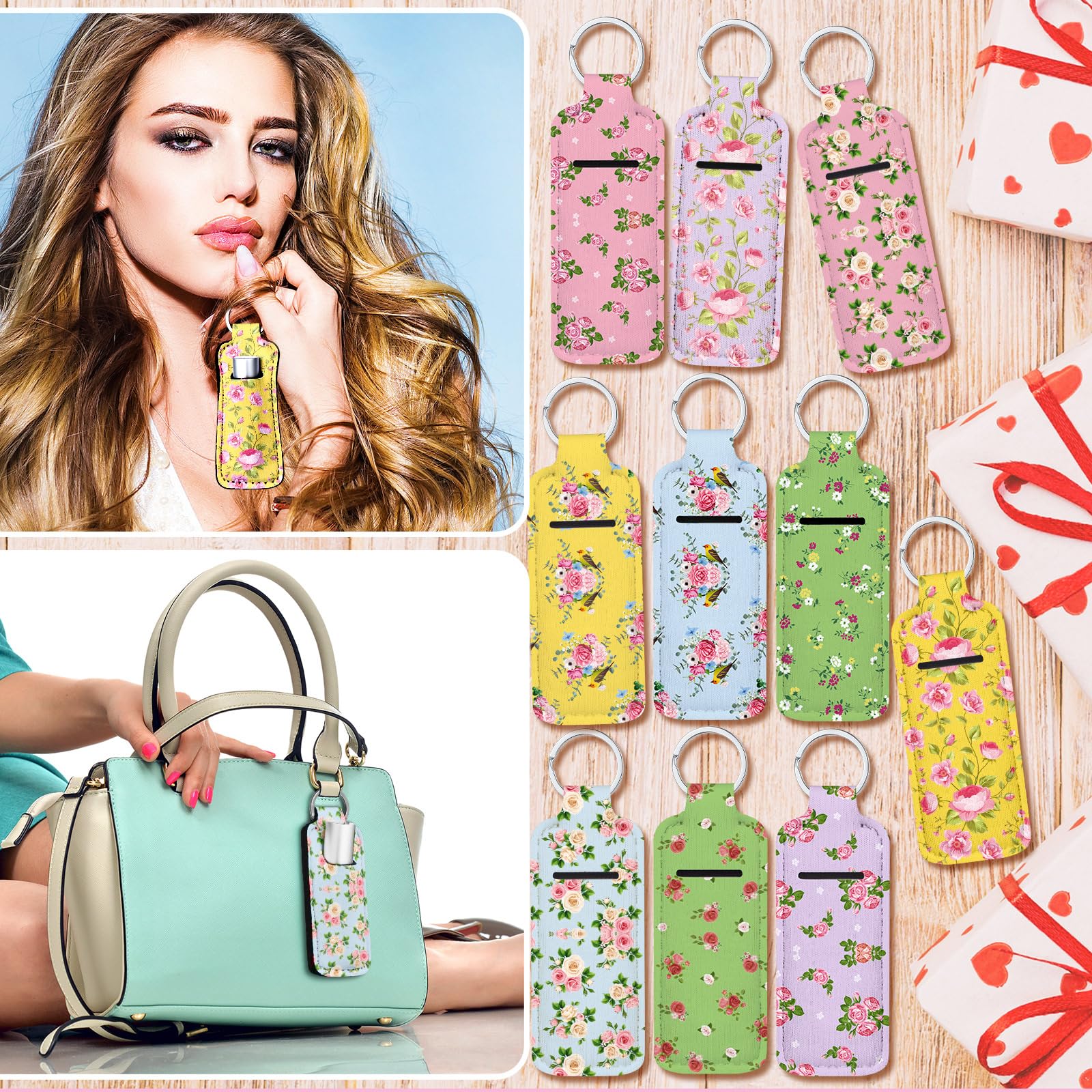 40 Pcs Floral Rose Lip Balm Holder Keychain Set with Clip - Portable Lipstick & Lip Gloss Sleeve Pouch - 10 Stylish Patterns for Gifts, Travel & Everyday Use