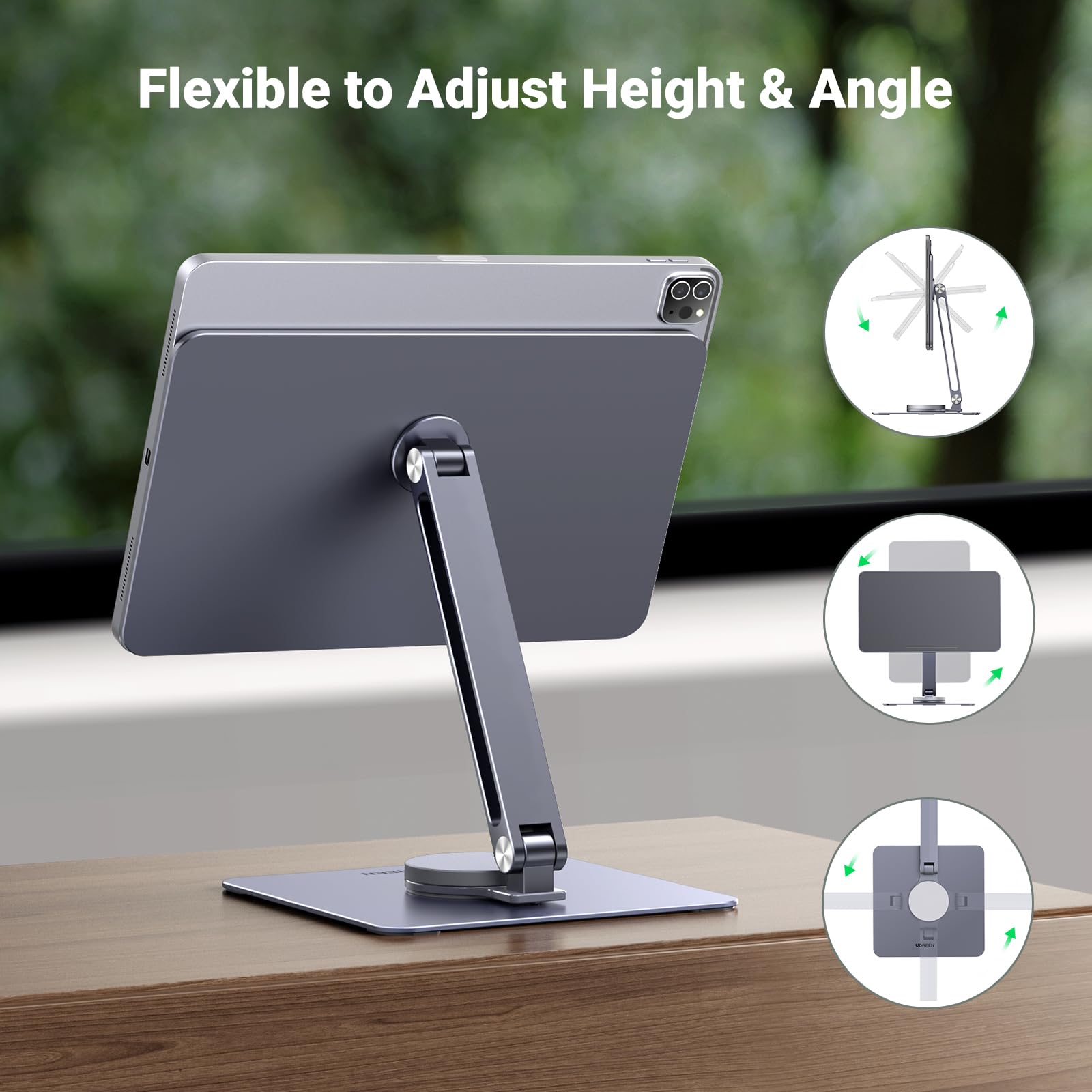 UGREEN Magnetic Stand for iPad Pro 12.9 (2020-2024) & iPad Air 13 - 360° Rotating Aluminum Holder with Adjustable Height, Foldable Design for Home Office, Travel & Desk Use