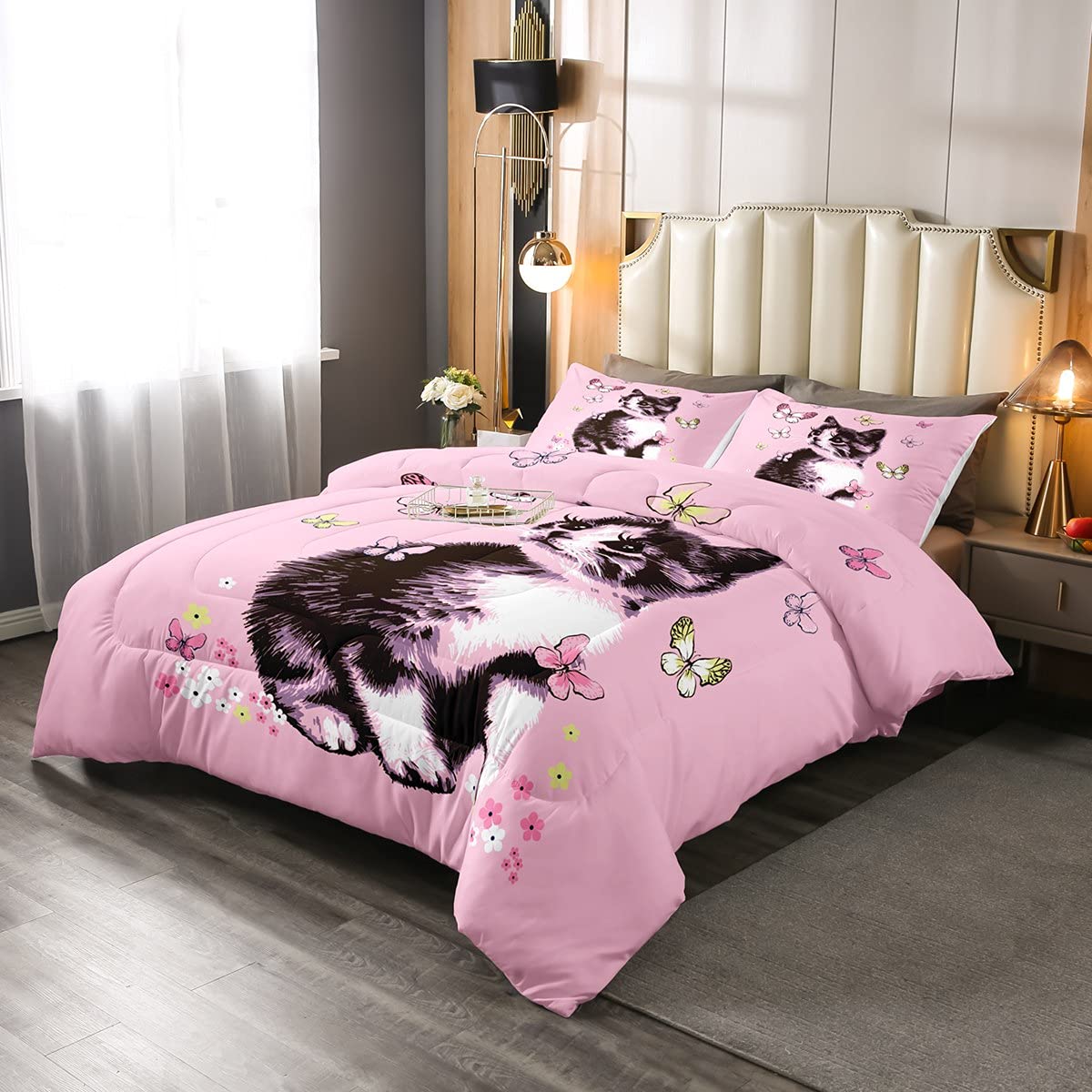 Cute Cartoon Cat & Butterfly Comforter Set - Floral Watercolor Design with 1 Queen Comforter & 2 Pillowcases - Soft Pink Bedding for Girls' Room Decor | Perfect for Kids' Bedroom, Dorm, Sleepovers & Cozy Home Decor