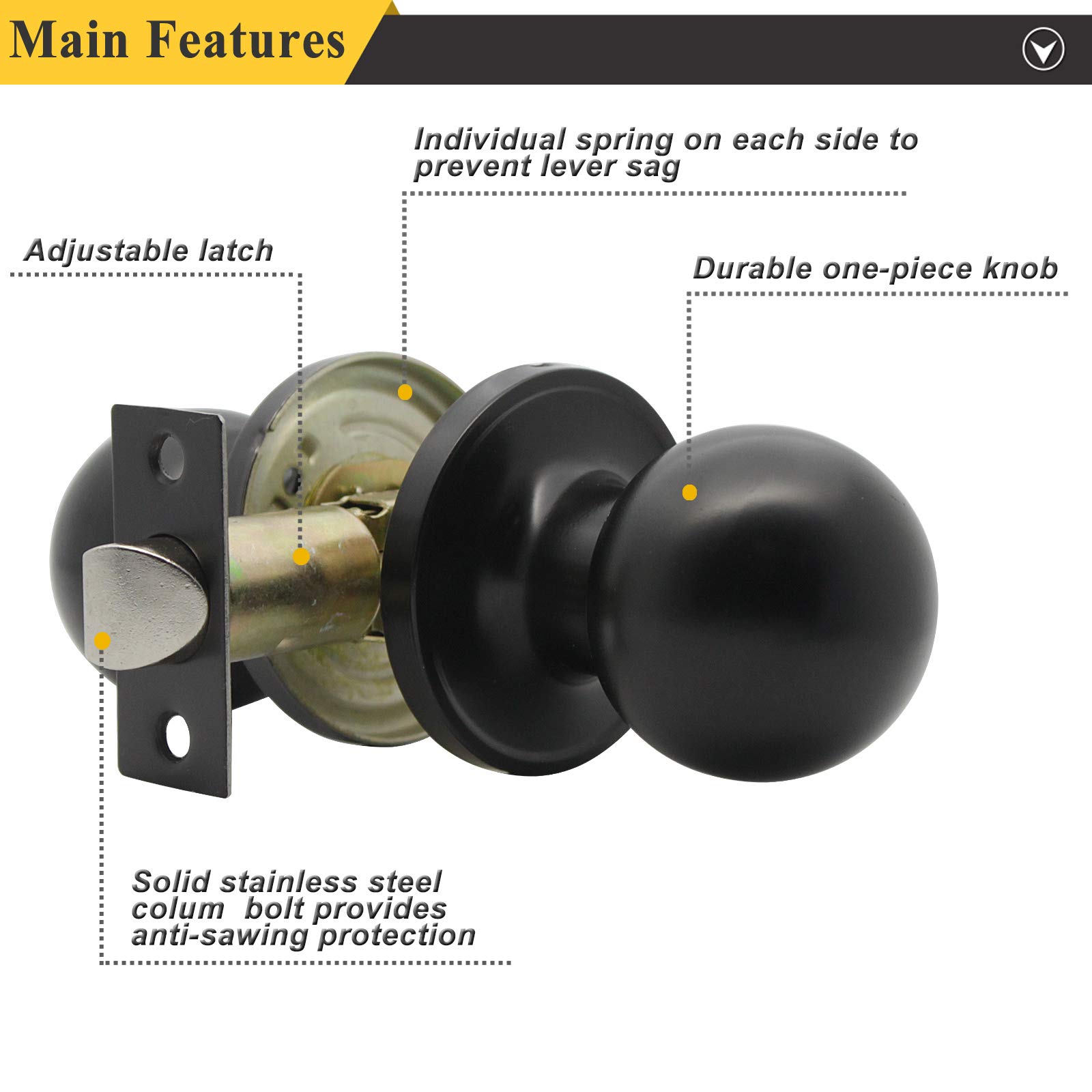 Probrico Black Round Ball Passage Door Knob - Keyless Non-Locking Interior Door Handle for Hallway & Closet (1 Pack) - Perfect for Bedrooms, Bathrooms & Interior Doors