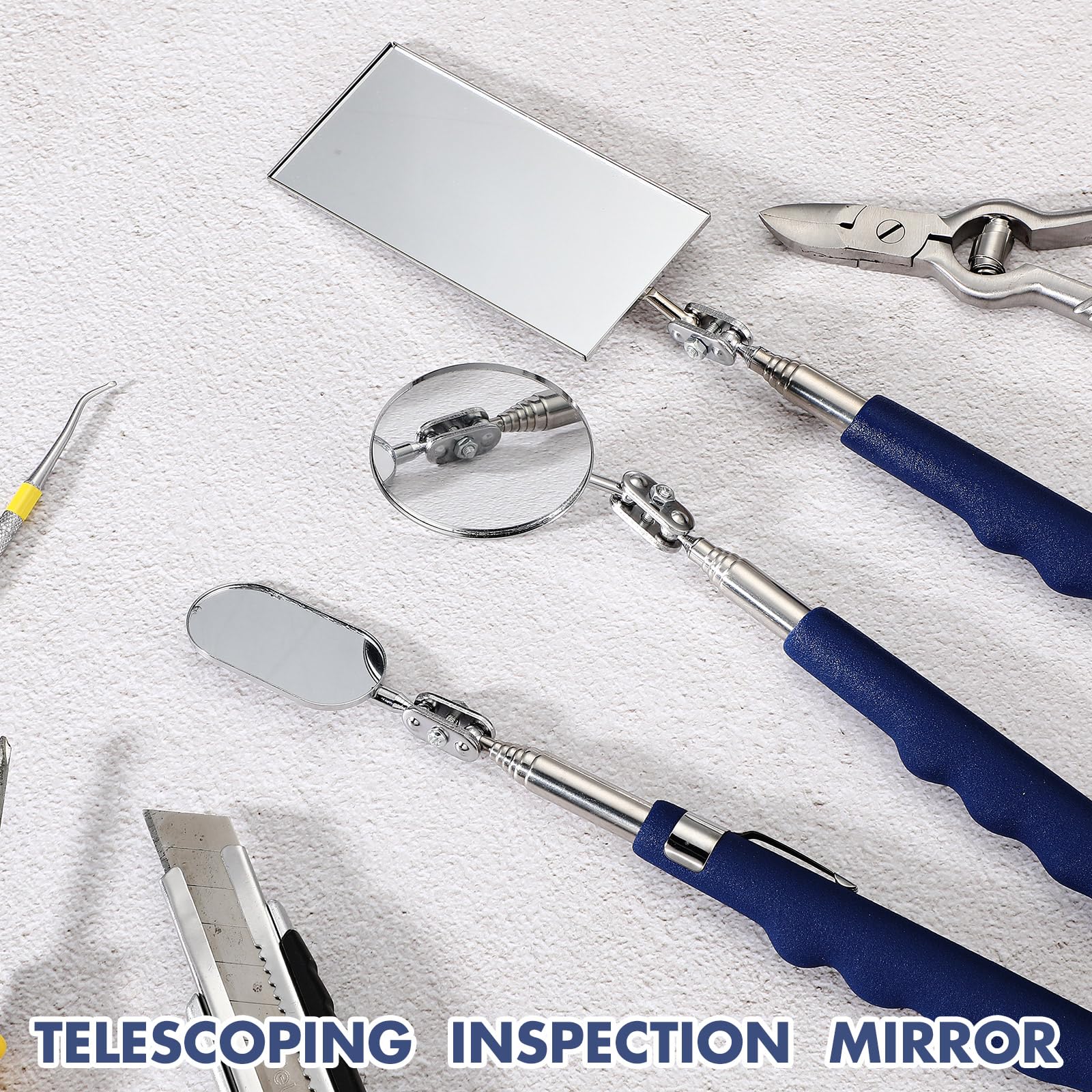 3-Piece Telescoping Inspection Mirror Set - Stainless Steel Extendable Mechanic Mirror with Long Handle for Technicians, Mechanics & Contractors (Oval, Square, Round) - Perfect for Automotive Repair, HVAC Maintenance & Hard-to-Reach Area Inspections