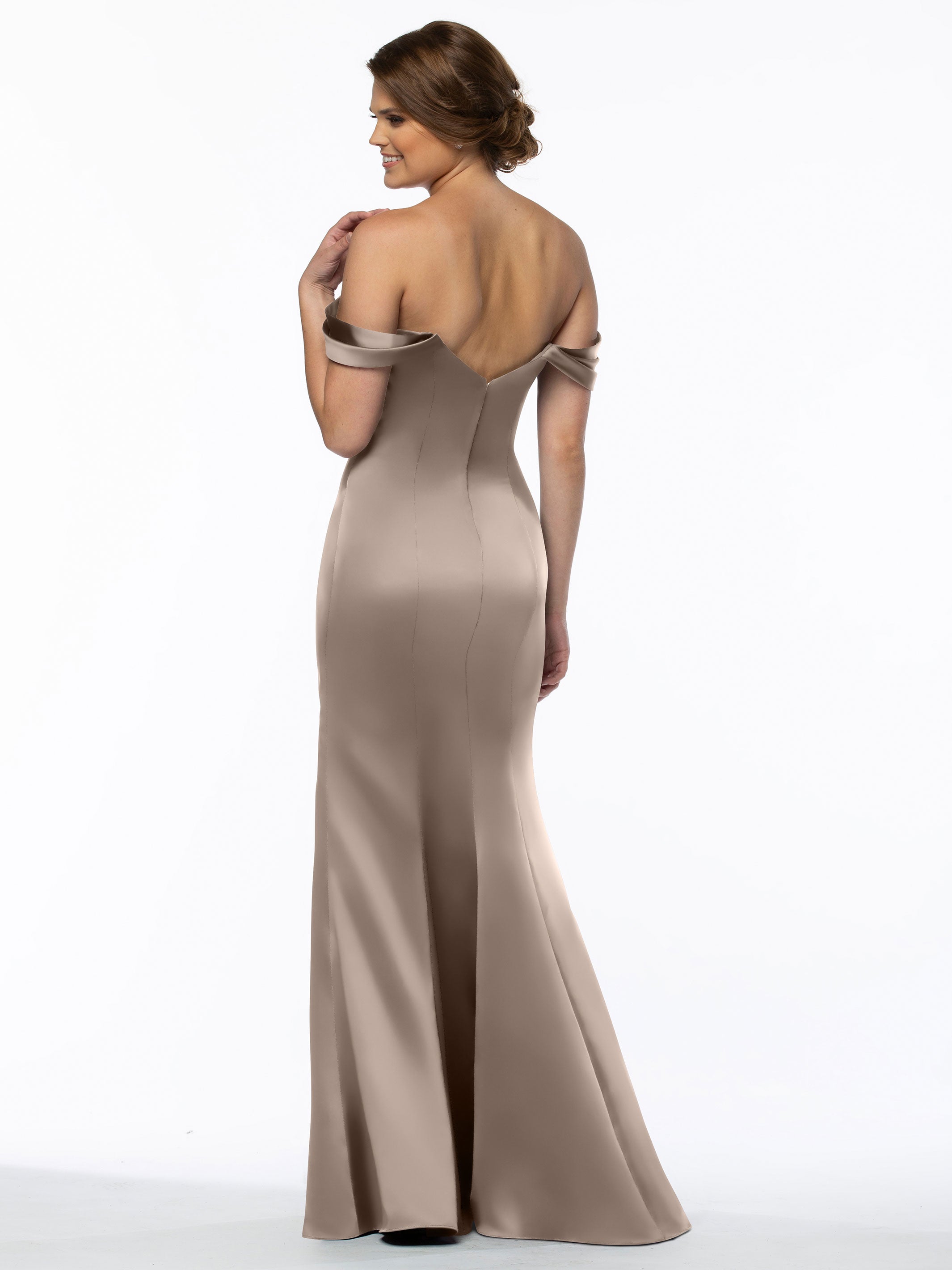 Elegant 80151 Fitted Satin Bridesmaid Dress with Off-The-Shoulder Sleeves - Perfect for Weddings, Formal Events & Special Occasions