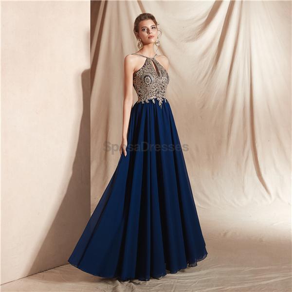 Elegant Navy Blue Gold Lace Beaded Chiffon Evening Gown - Formal Prom Dress for Women - Perfect for Homecoming, Ball, Wedding & Special Occasions