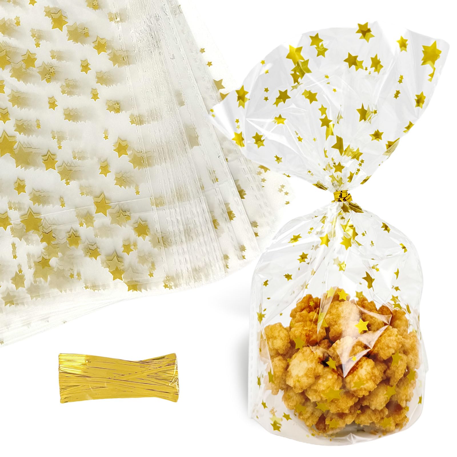Premium Gold Star Cellophane Treat Bags with Twist Ties - 50 Pack Thick Plastic Small Cello Bags for Bakery, Cookies, Desserts & Candy Buffet Supplies - Perfect for Party Favors, Wedding Treats & Gift Packaging