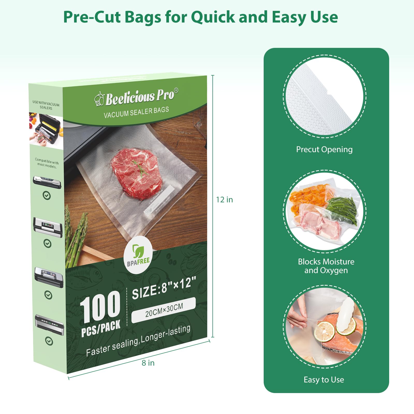 Premium BPA-Free Heavy Duty Vacuum Sealer Bags - 100 Count (8
