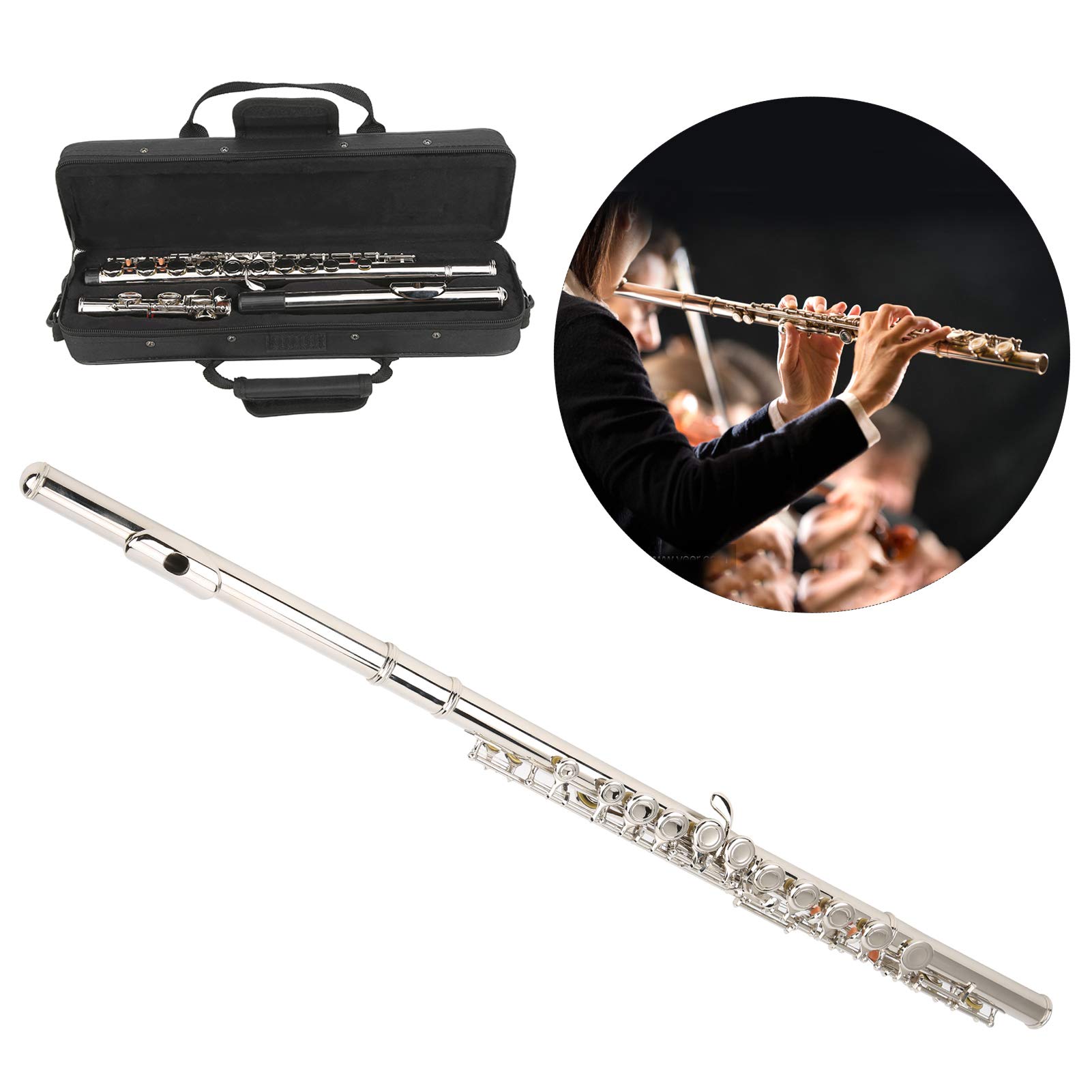 16 Hole C Key Flute - Closed Hole Brass Flute for Beginners with Storage Bag & Cleaning Stick (Silver) | Enhanced Tube Resonance for Clear Sound | Perfect for School Bands, Music Lessons & Home Practice