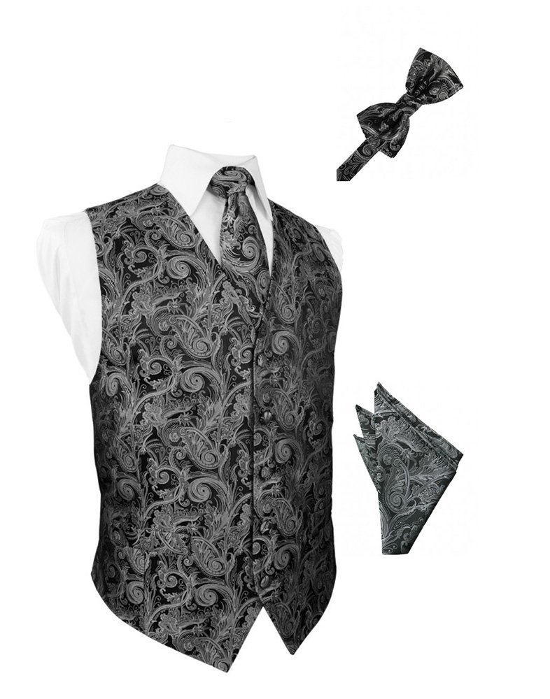 Elegant Silver Tapestry Satin Tuxedo Vest Set with Long Tie, Bowtie & Pocket Square - Perfect for Weddings, Prom & Formal Events