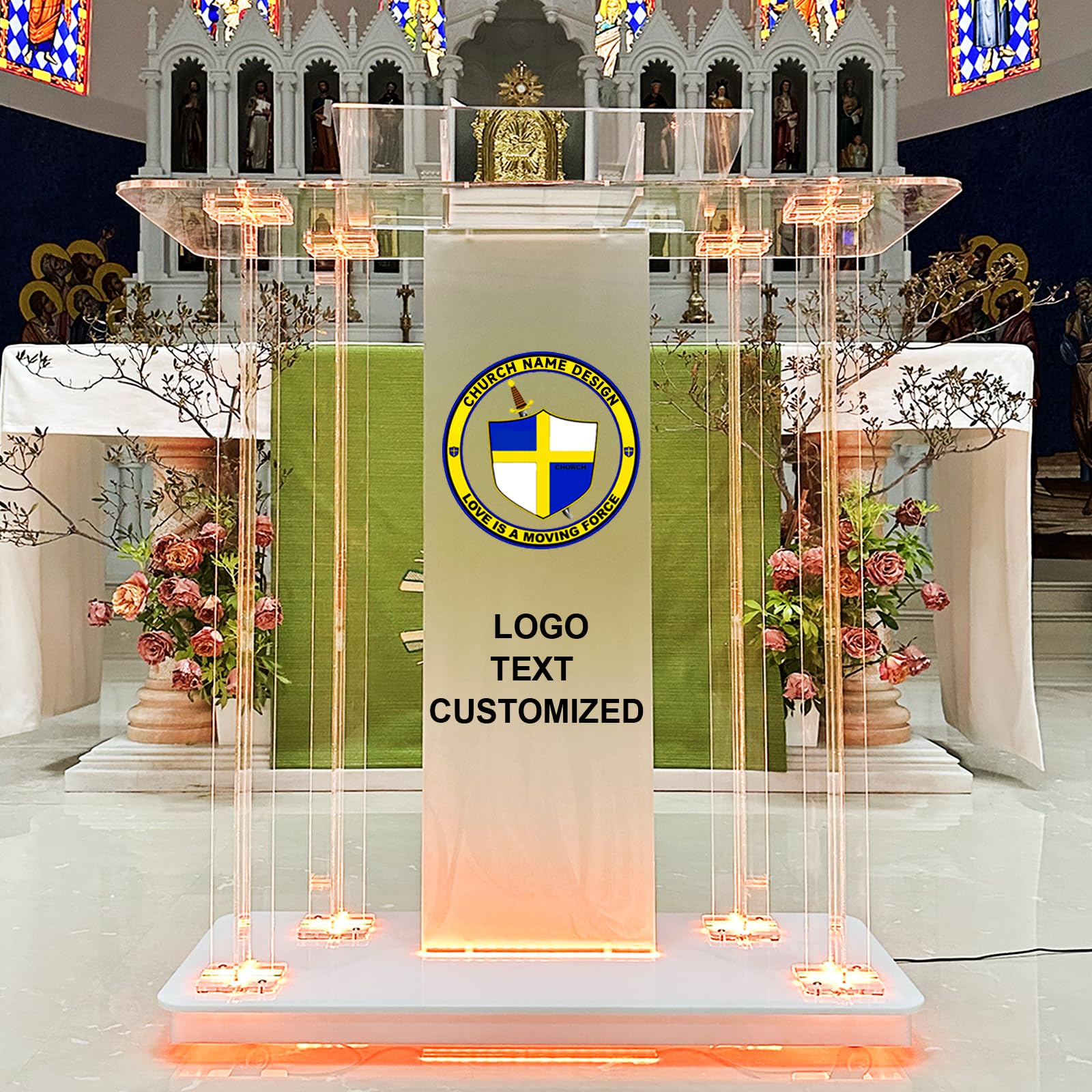 Custom Acrylic Church Pulpit with LED Lights - Transparent Podium with Wheels & Spacious Reading Platform - Clear Lectern for Sermons & Speeches (39.4