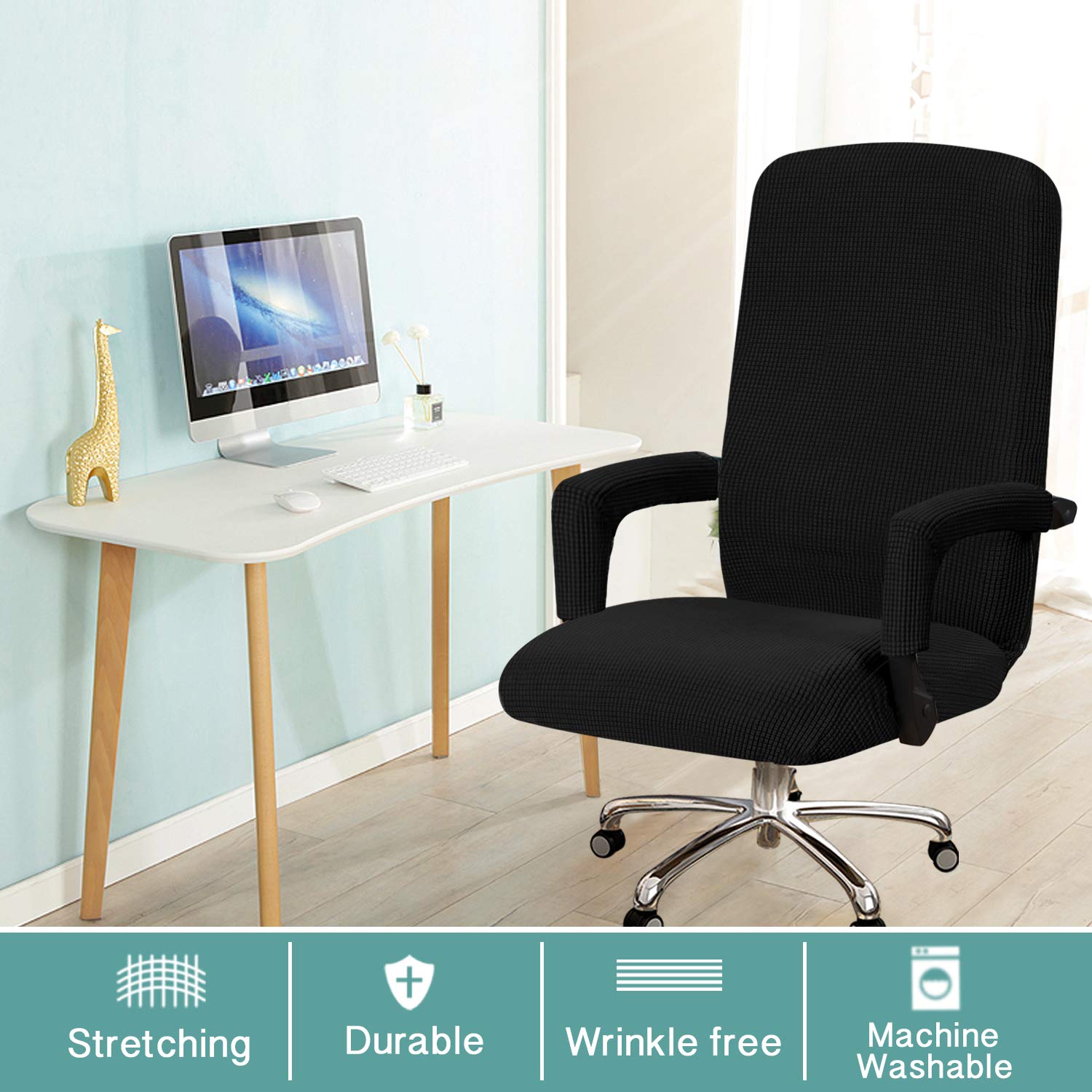 Turquoise Stretch Office Chair Cover with Arms - Universal Removable Computer Chair Slipcover for Desk Chairs - Pet Friendly Fabric for Dogs & Cats - Perfect for Home Office, Gaming Setup, and Workspace Protection (Black)