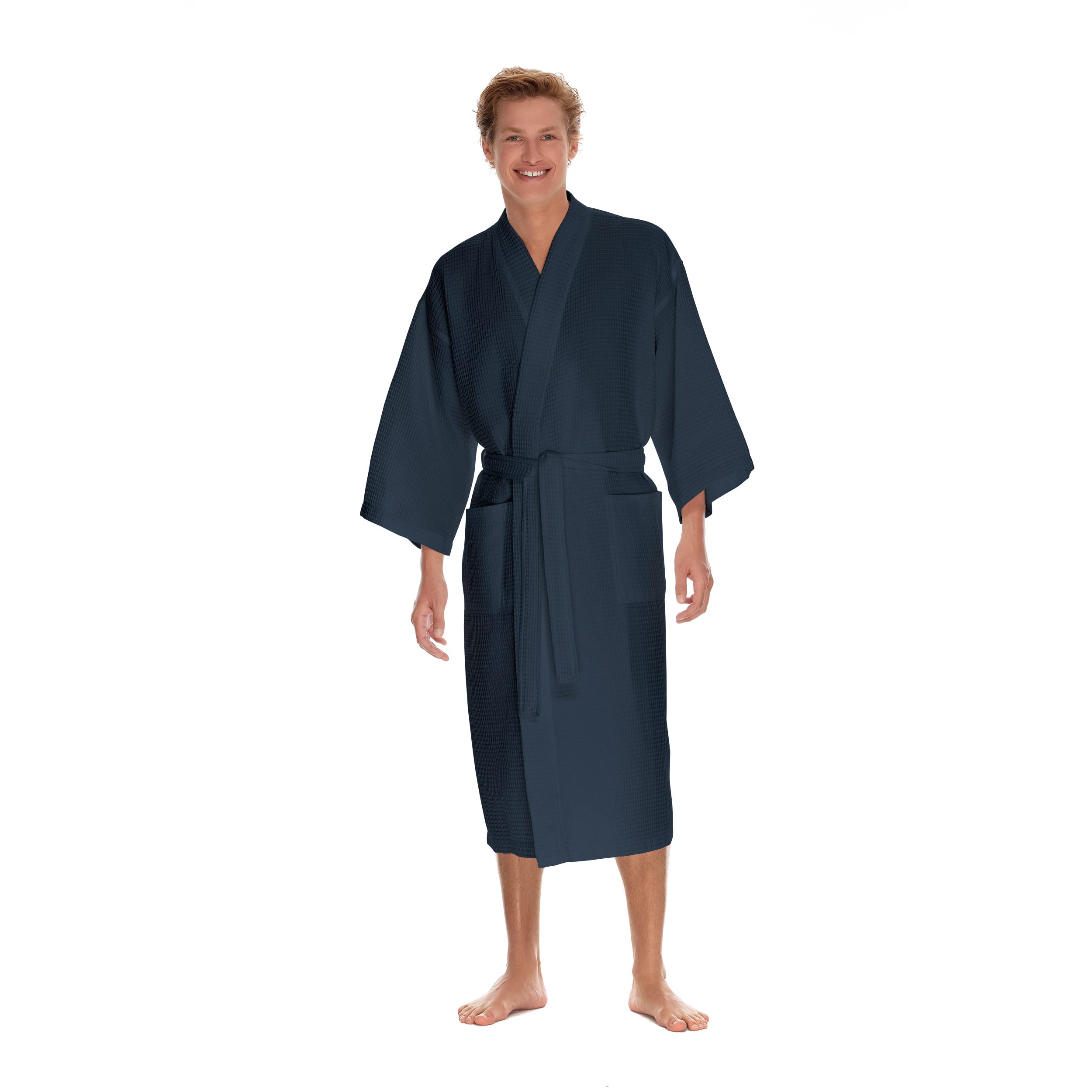BOCA TERRY Men's Waffle Knit Spa Robe - Lightweight Long Cotton Kimono Bathrobe for Hotel & Home Use - Perfect for Relaxation, Lounging and Spa Days