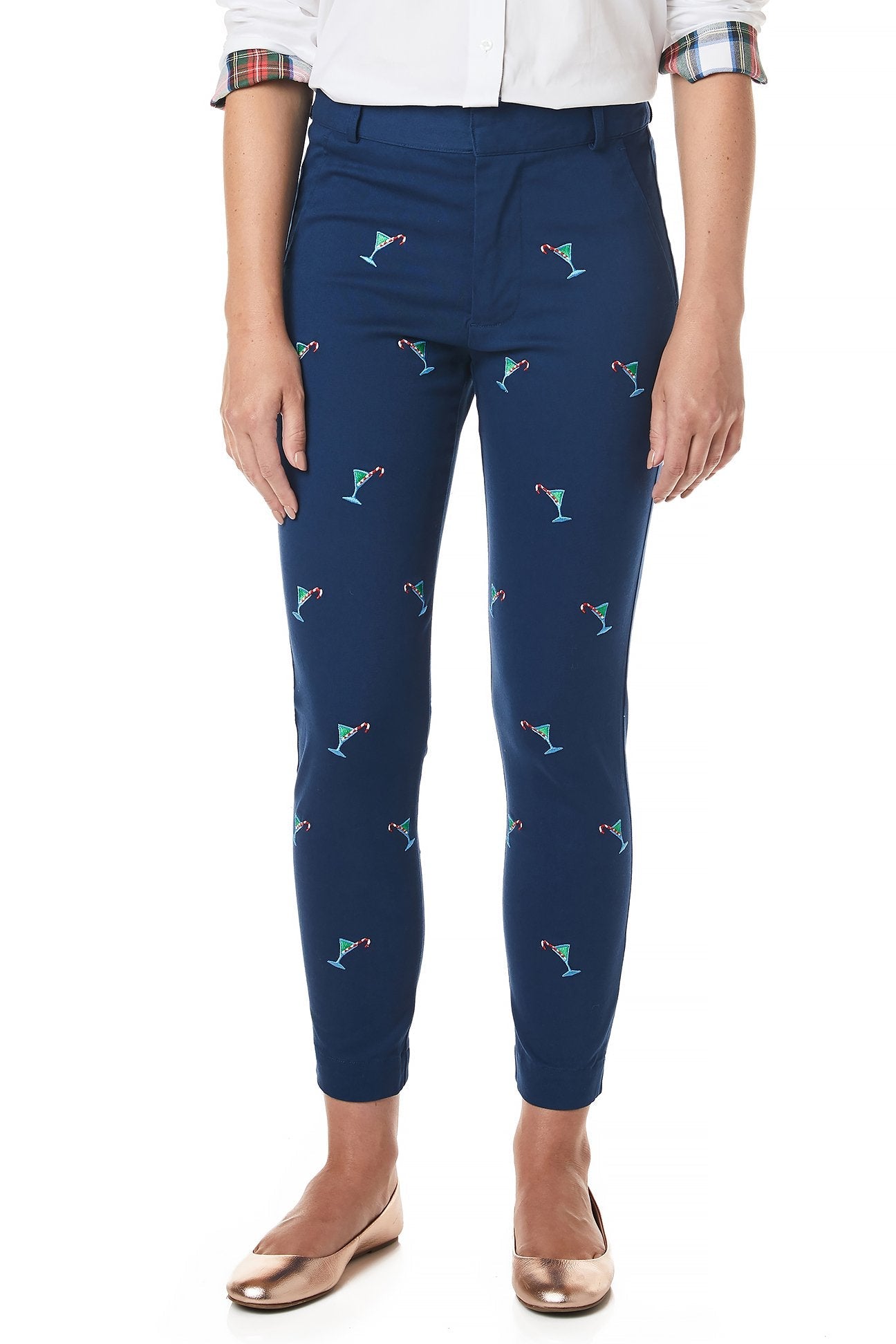 Stretch Twill Ankle Capri Pants in Nantucket Navy with Martini Candy Cane Print - Comfortable Women's Casual Pants for Work, Travel & Holiday Parties