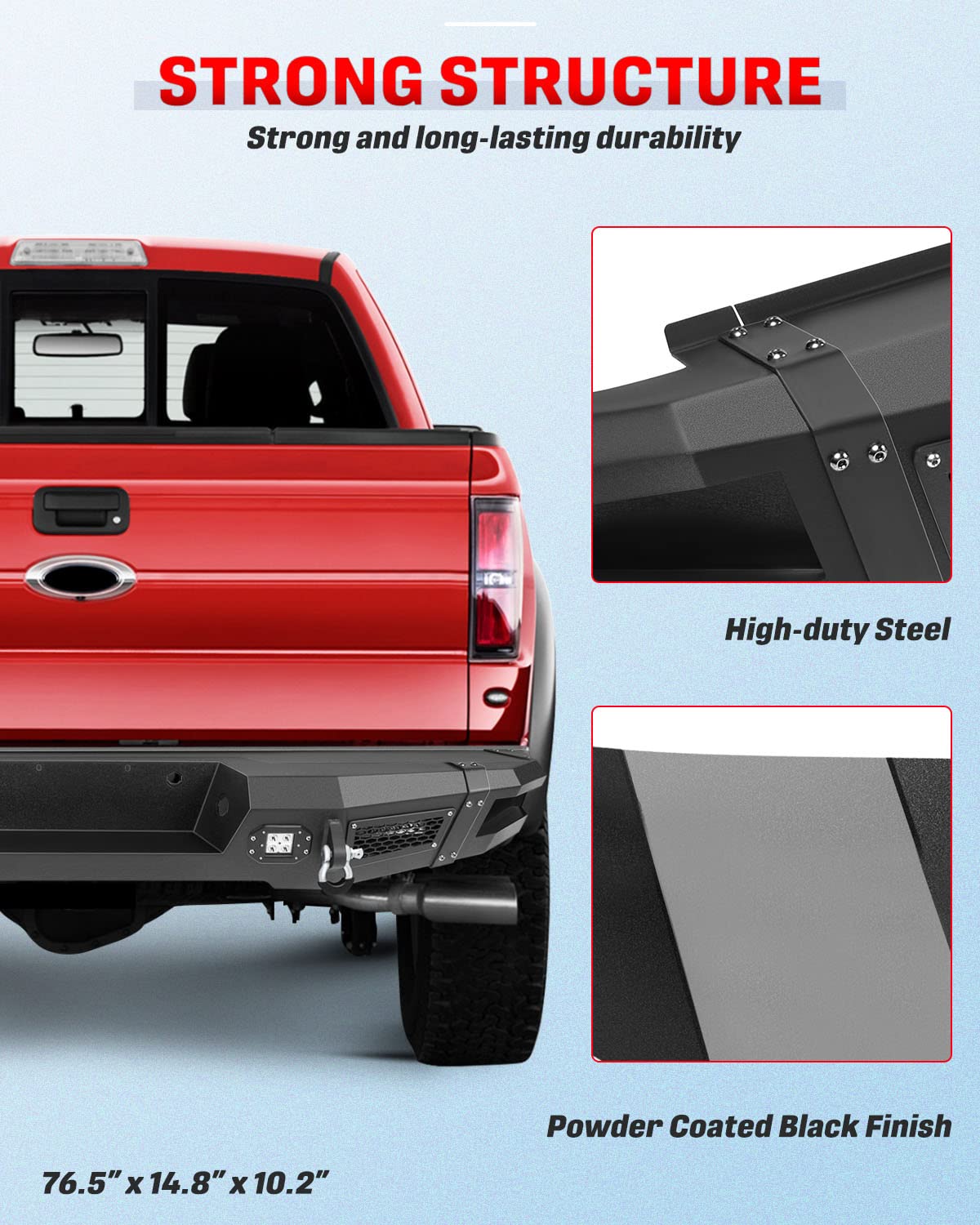 CCiyu Textured Black Rear Bumper with D-Ring & LED Lights for 2009-2014 Ford F-150 - Heavy-Duty Off-Road Protection & Towing Accessory