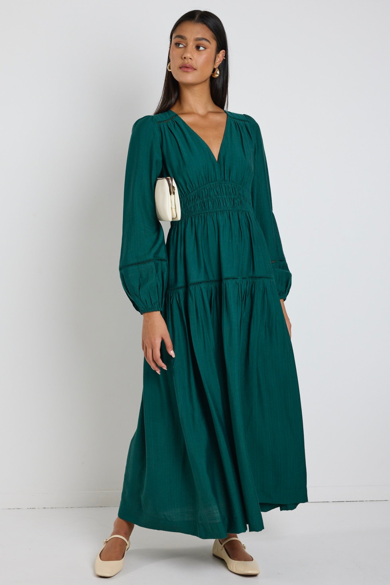 Divine Forest Balloon Sleeve Tiered Maxi Dress for Women - Flowy Boho Summer Dress with Pockets - Perfect for Beach Vacations, Weddings & Date Nights