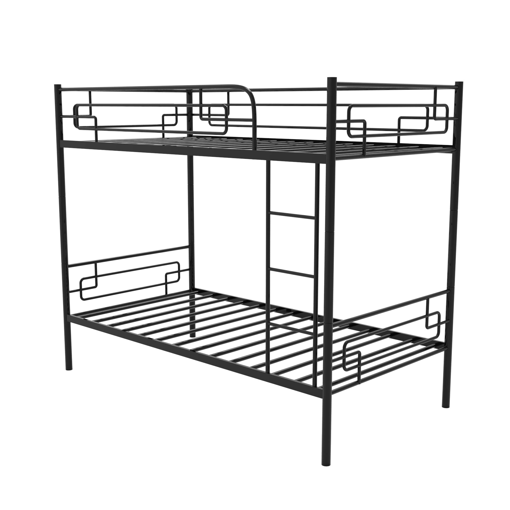 MWrouqfur Twin-Over-Twin Metal Bunk Bed Frame with Removable Ladder & Safety Guard Rails - Heavy Duty Convertible Design Separates into Two Twin Beds - Space-Saving Black Bed for Kids, Teens, Dorms & Guest Rooms