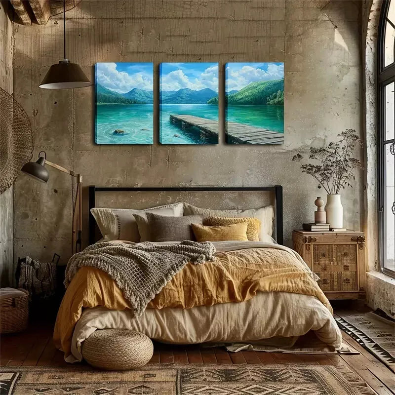 3-Piece Green Lake and Wooden Bridge Wall Art Set - Framed Canvas 40x60cm - High Quality Print - 100% Australian Made - Ready to Hang - Perfect for Living Room, Bedroom & Office Decor