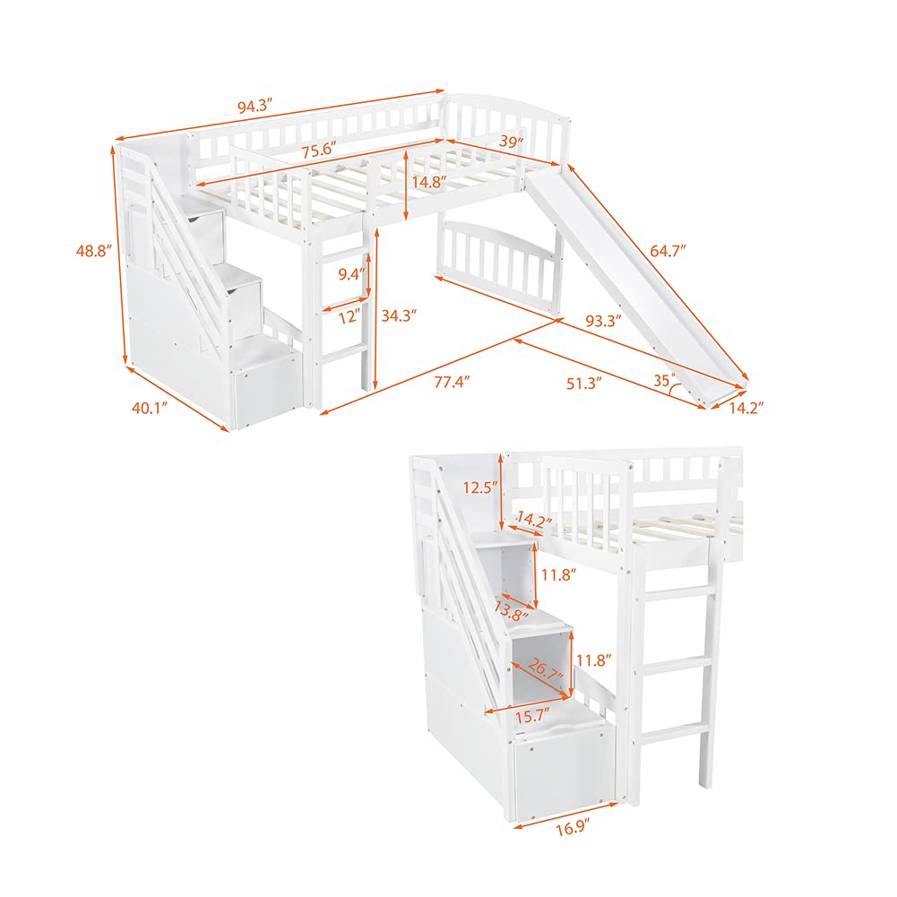 **Kids Wooden Loft Bed with Stairs & Storage - Twin Size Space-Saving Low Bunk Bed Frame (White) - Perfect for Small Bedrooms, Dorms, or Playrooms**