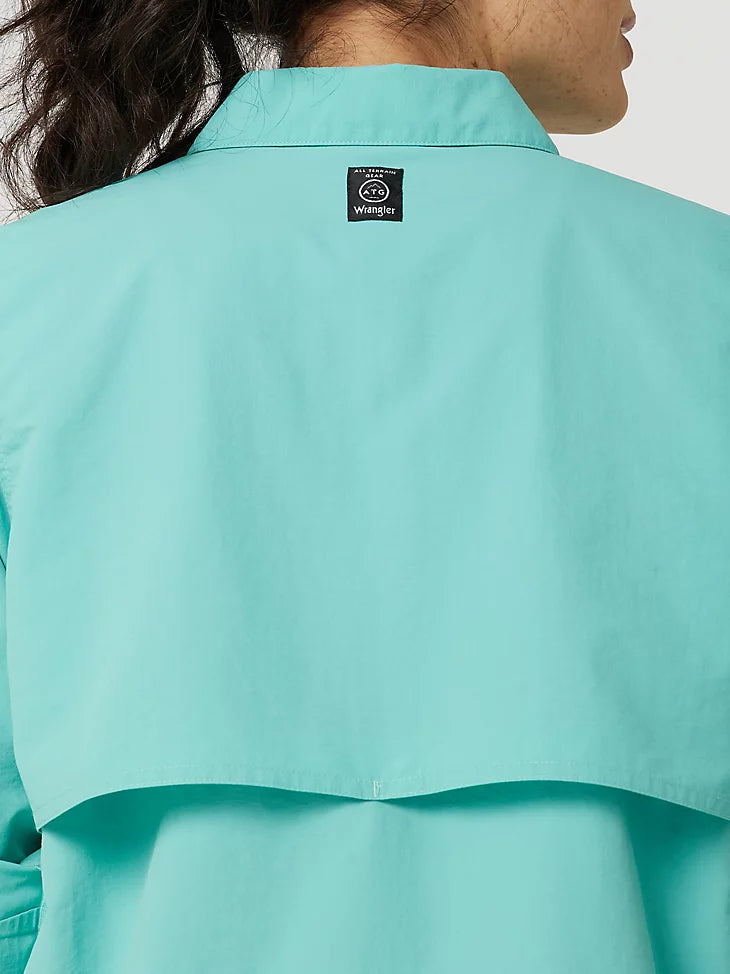 ATG By Wrangler™ Women's Long Sleeve Angler Fishing Shirt - UPF 50+ Sun Protection, Quick-Dry & Breathable - Turquoise Blue for Outdoor Activities, Hiking & Camping