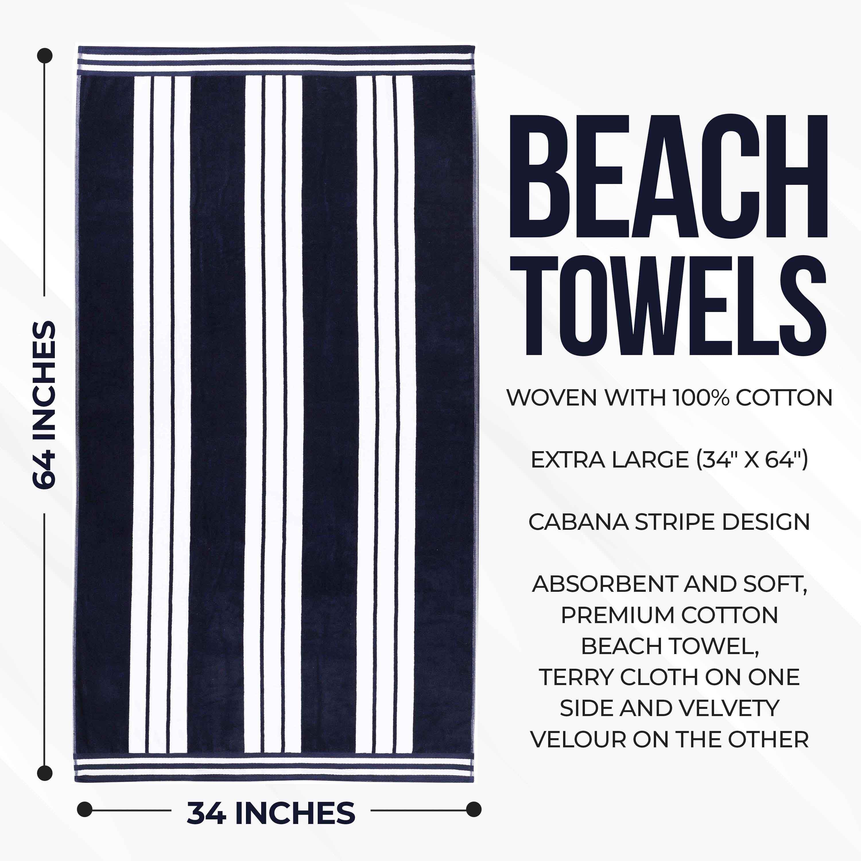 Premium Oversized Cabana Striped Cotton Beach Towel Set - 2, 4, or 6 Pack - Soft Quick-Dry Bath Towels for Pool, Beach, Vacation & Spa Days