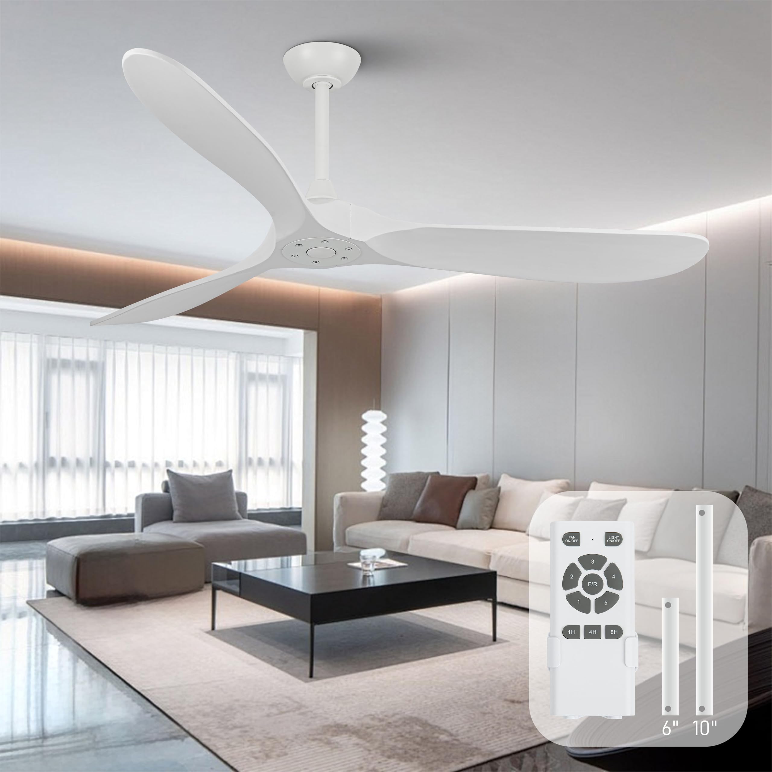 60 Inch Modern Ceiling Fan with 3 Wood Blades - Noiseless Reversible DC Motor & Remote Control - Large Indoor/Outdoor Ceiling Fan without Light - Perfect for Bedroom, Living Room, Patio & Farmhouse - White