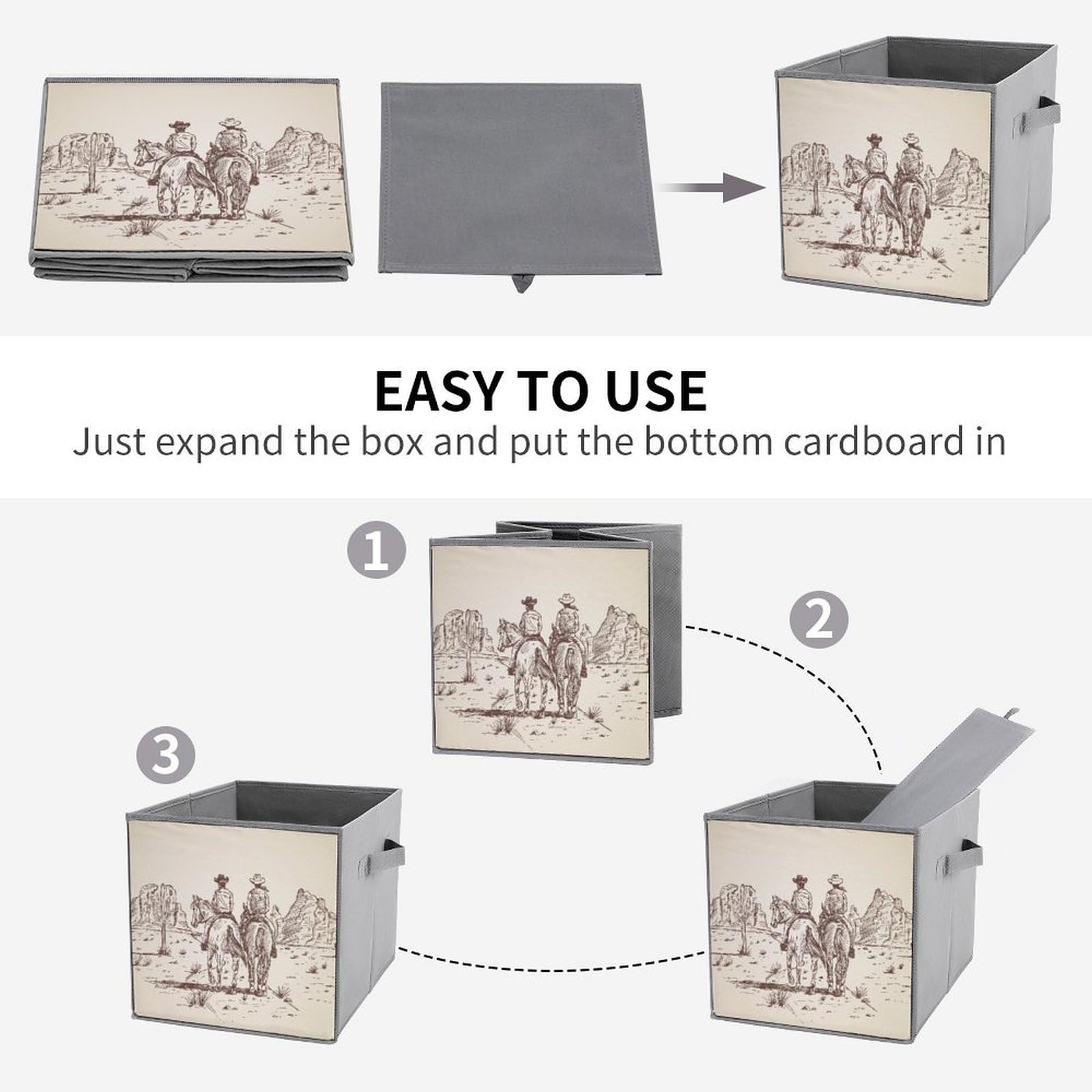 Western Desert Cowboy Riding Horses Fabric Storage Bins - Collapsible Storage Cubes with Double Handles for Clothes Organization (2-Pack) | Perfect for Bedroom, Closet & Nursery Storage Solutions