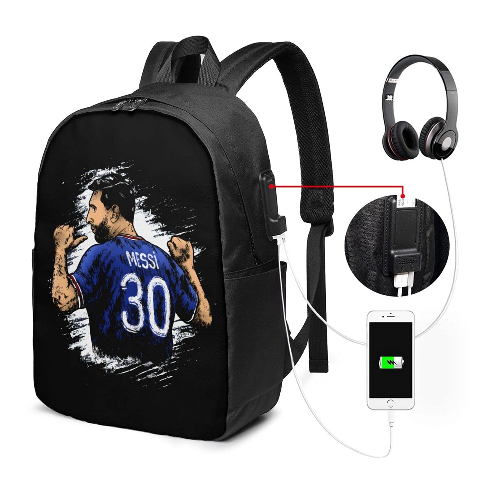 Paris Saint-Germain PSG #30 2023 Official Licensed Backpack - 17 Inch Laptop Bag with USB Charging Port, School Bookbag & Travel Backpack for Men & Women - Perfect for College, Work & Daily Commute