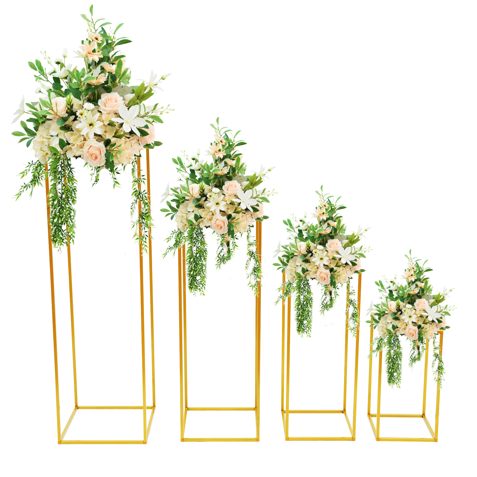 4pcs Gold Geometric Metal Flower Floor Vases - 15.7/23.6/31.5/39.4 Inch Tall Rectangular Flower Stands for Wedding Centerpieces, Home Decor & Party Decorations - Perfect for Living Room, Entryway, Garden or Event Display