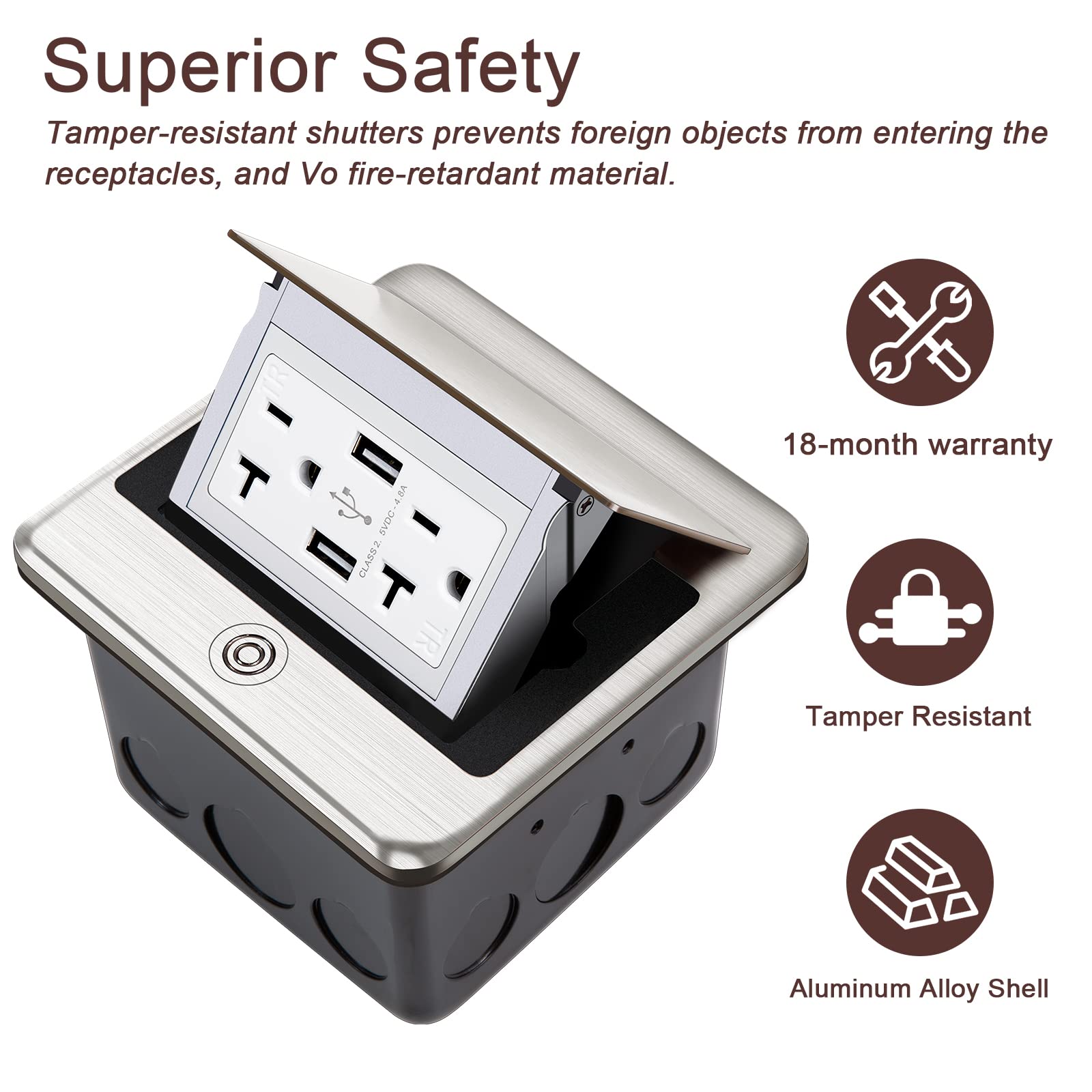 Vagueior Recessed Floor Electrical Outlet Kit - Waterproof & Tamper-Resistant, 20A Outlet + 4.8A USB Charger, Slow Elastic Damping, ETL Certified Stainless Steel - Ideal for Home Theater, Office & Outdoor Patio Use