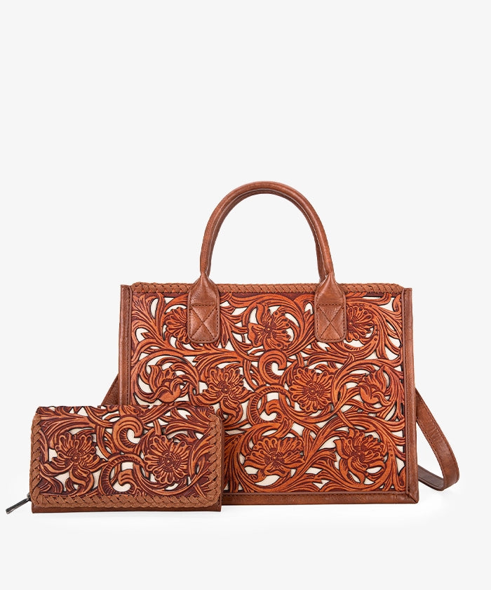 Trinity Ranch Genuine Leather Tooled Tote Bag - Western Style Handbag for Women, Perfect for Work, Travel and Everyday Use