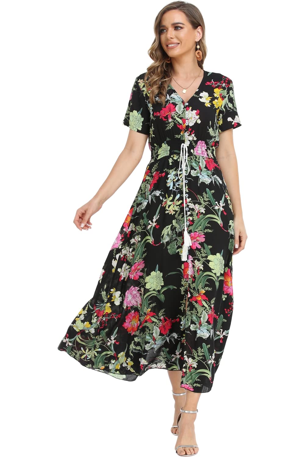 Boho Floral Maxi Dress for Women - Summer Button Up Beach Dress with Side Slit & Flowy Design | Perfect for Beach Parties, Vacations & Outdoor Events