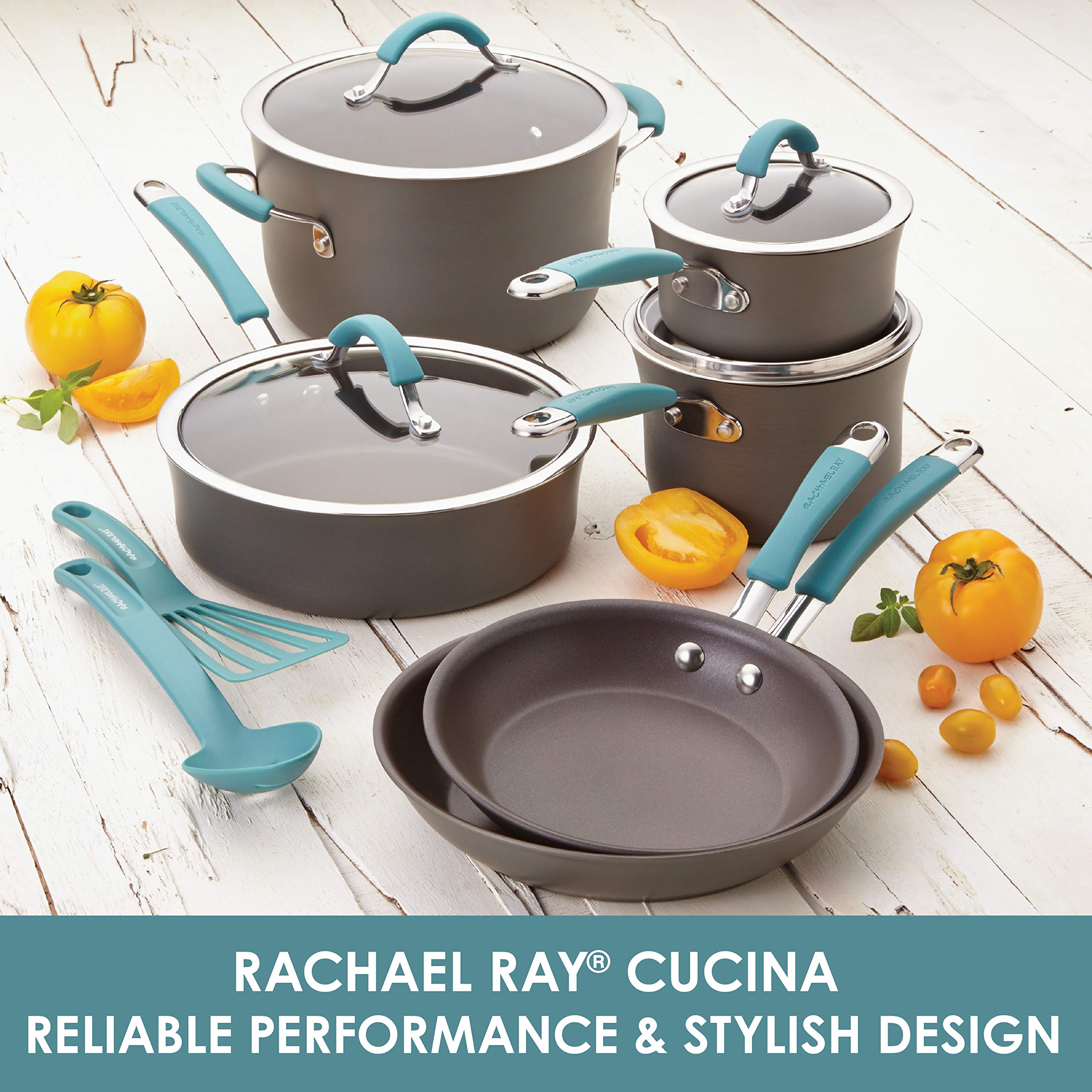 Rachael Ray Cucina 12-Piece Nonstick Cookware Set & 3-Piece Bakeware Set - Hard Anodized Pots, Pans, Cookie Sheets - Gray with Blue Handles - Perfect for Baking, Cooking, and Family Meals