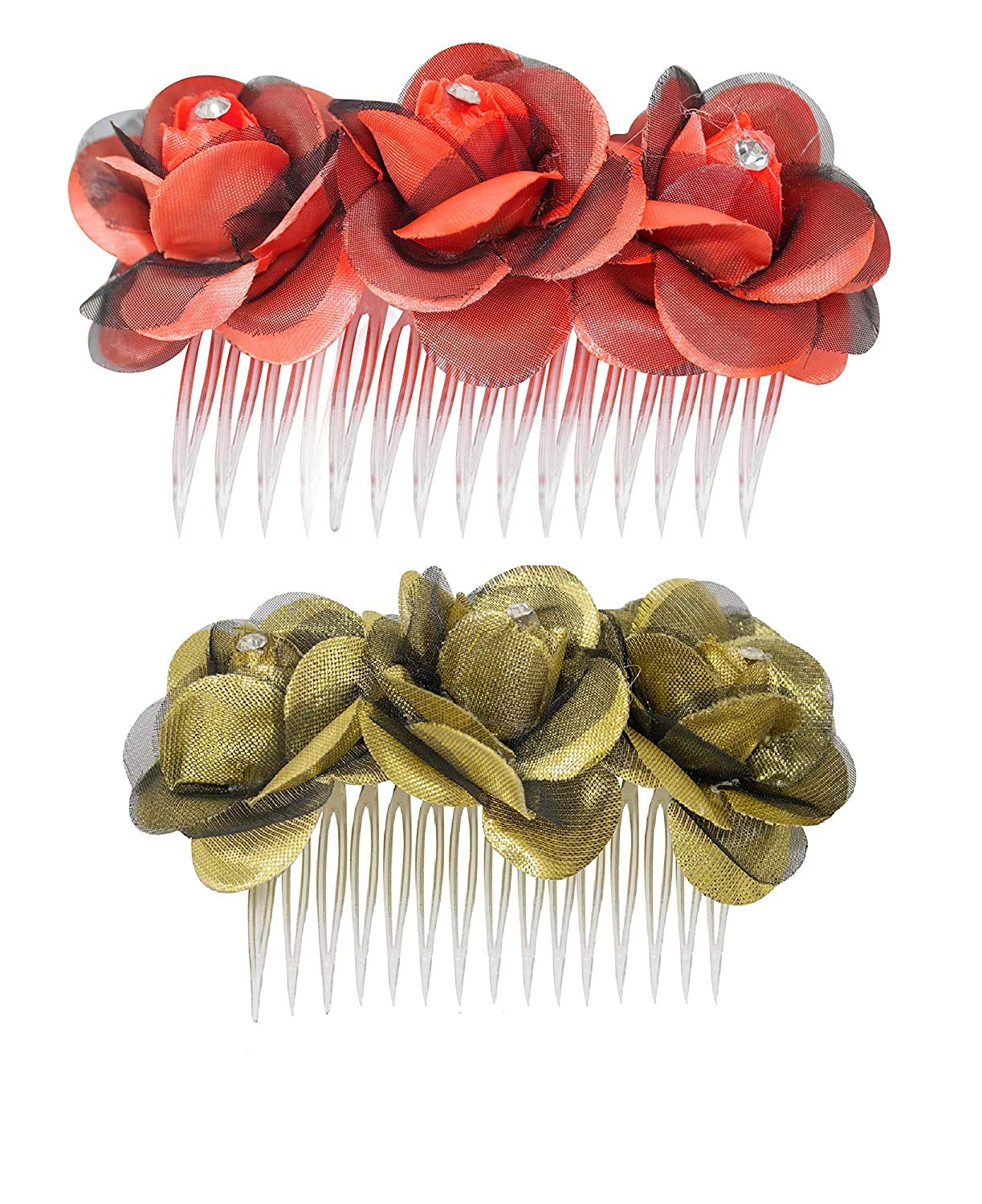 Inaaya Hair Comb Clips for Women - Red Golden Hair Accessories for Styling, Braids & Updos - Perfect for Weddings, Parties & Everyday Wear
