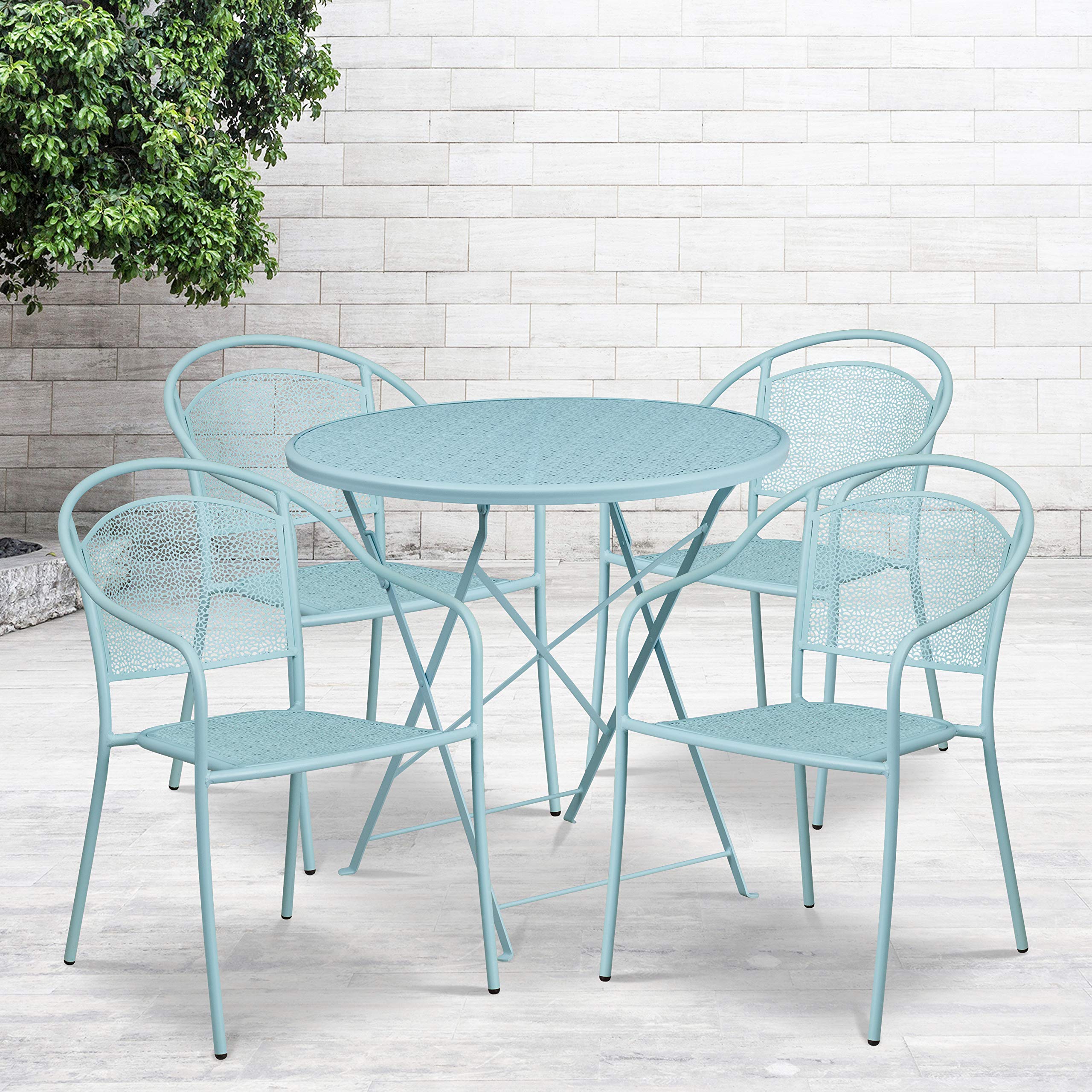 Commercial Grade 30 Inch Round Sky Blue Folding Patio Dining Table Set with 4 Matching Chairs - Outdoor Furniture for Garden, Poolside, and Backyard Entertaining
