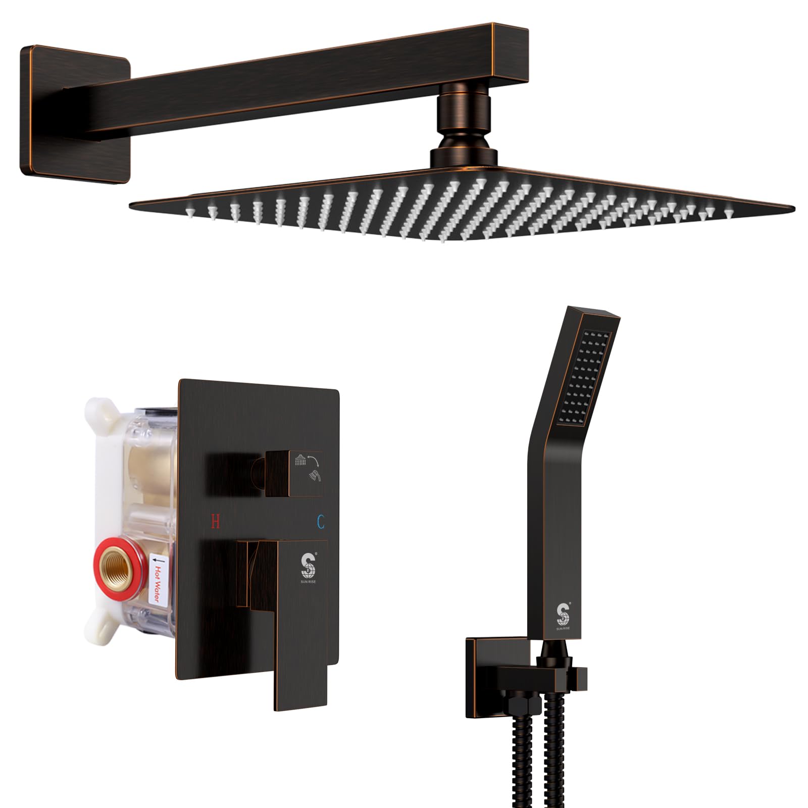 SR SUN RISE 12 Inch Oil Rubbed Bronze Luxury Shower System - Wall Mounted Rainfall Shower Head with Brass Mixer Valve, Rough-in Trim & Faucet Combo Set for Modern Bathroom & Spa Experience
