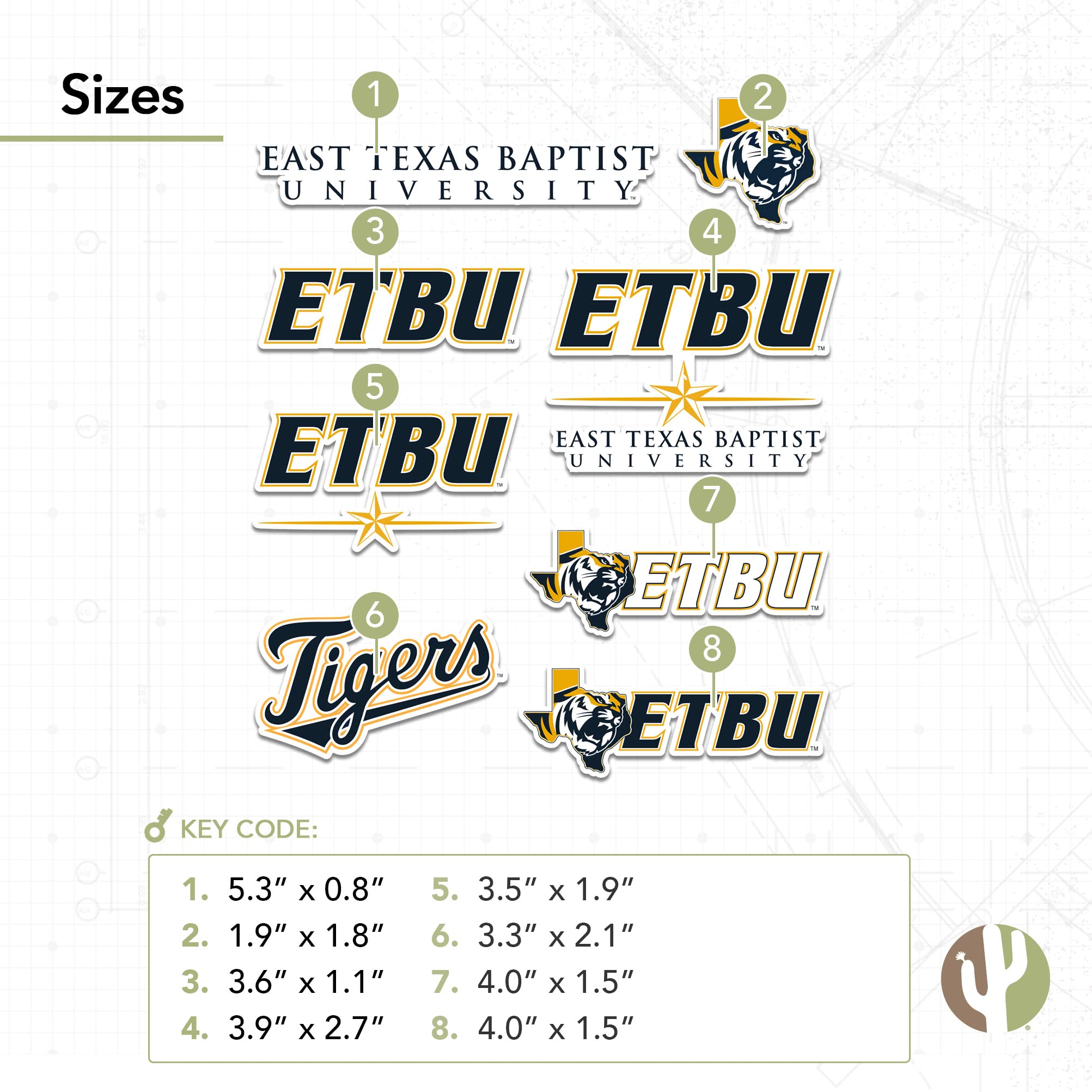 ETBU Tigers Vinyl Decals - Desert Cactus East Texas Baptist University Stickers for Laptop, Water Bottle, Car & Scrapbook (13.46x10.91 Inch Sheet) - Perfect for School Spirit, College Dorm Decor & Fan Accessories