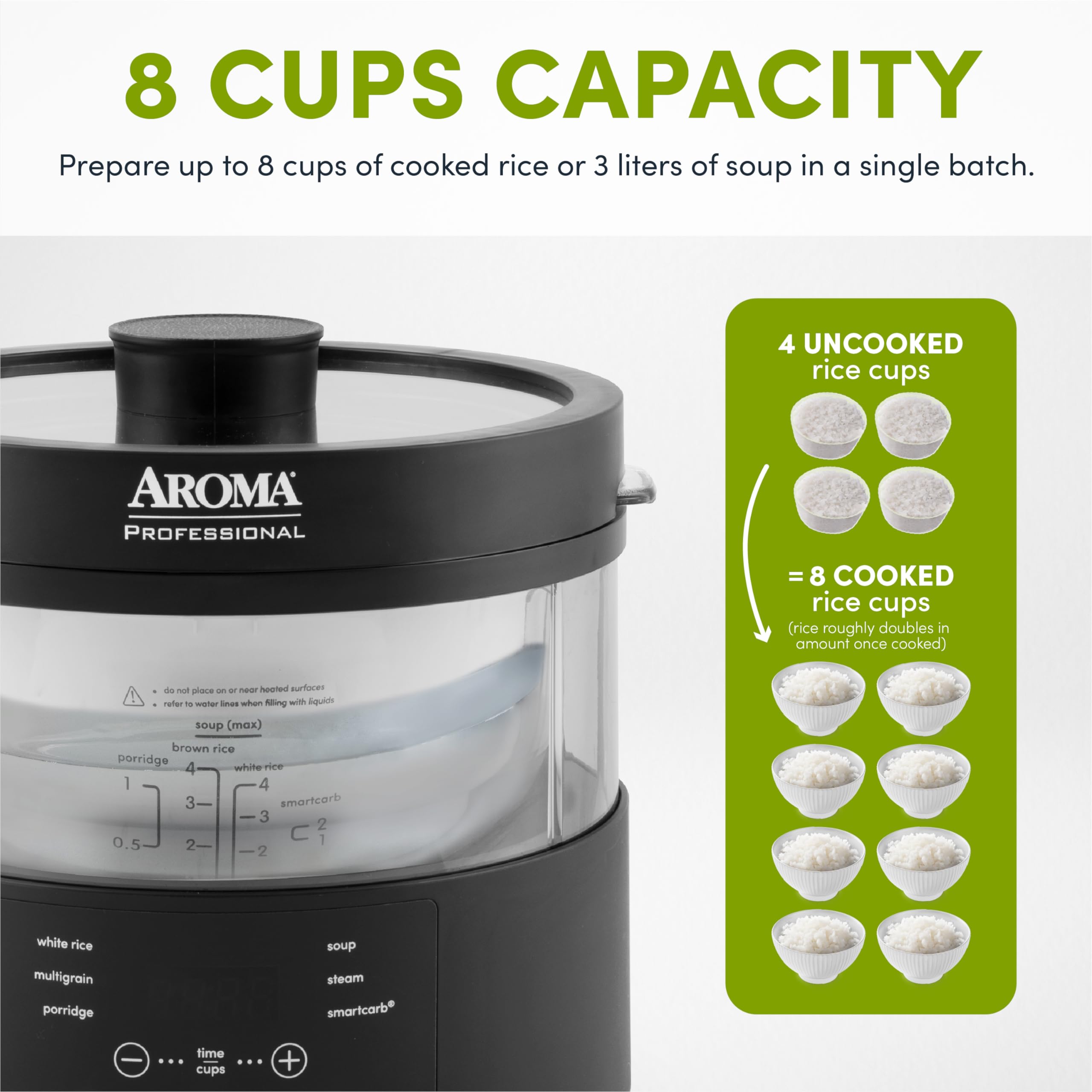 Aroma Housewares AMC-800 8-Cup SmartCarb Multicooker with Glass Inner Pot - Low Carb Rice Cooker, Food Steamer & Flavor-Lock Technology for Healthy Cooking - Perfect for Keto, Paleo & Gluten-Free Diets (Black) - Ideal for Meal Prep, Family Dinners & Healthy Lifestyle