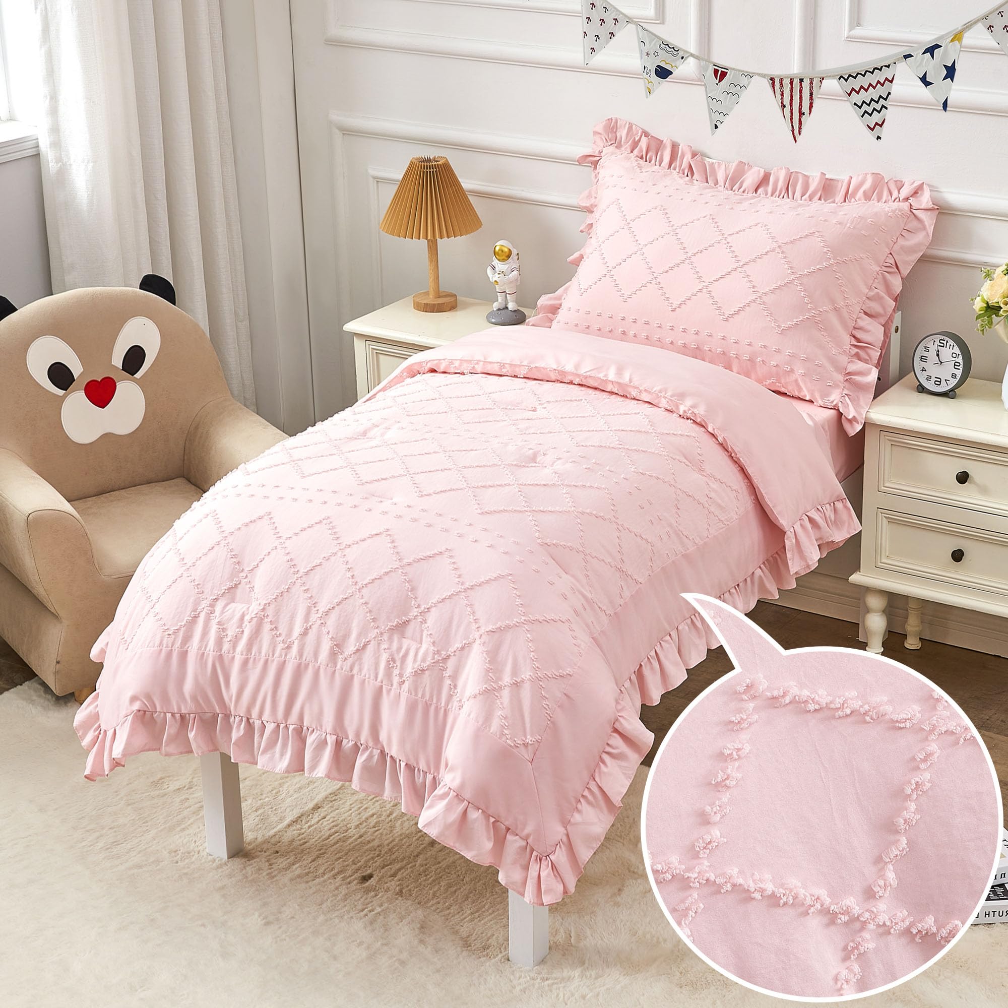 4-Piece Boho Pink Toddler Bedding Set for Girls - Jacquard Tufted Comforter, Ruffle Fringe, Flat Sheet, Fitted Sheet & Pillowcase | Soft & Cozy Bed-in-a-Bag for Kids Room, Nursery or Sleepovers