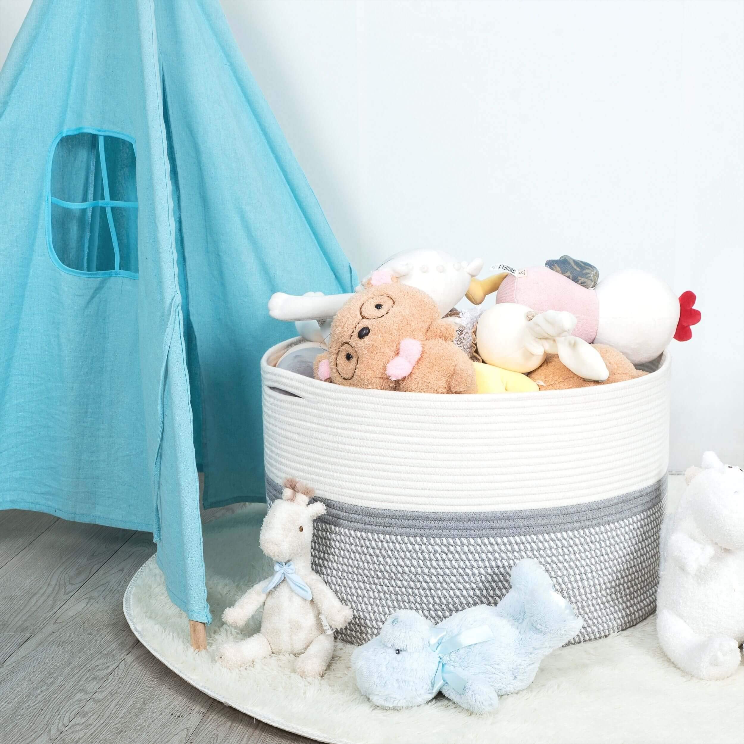 MINTWOOD Extra Large 22x14 Inch Woven Cotton Rope Storage Basket - Laundry Hamper, Blanket Organizer, Dog Toy Bin, Towel Holder for Bedroom, Nursery & Bathroom | Light Grey Mix Home Decor
