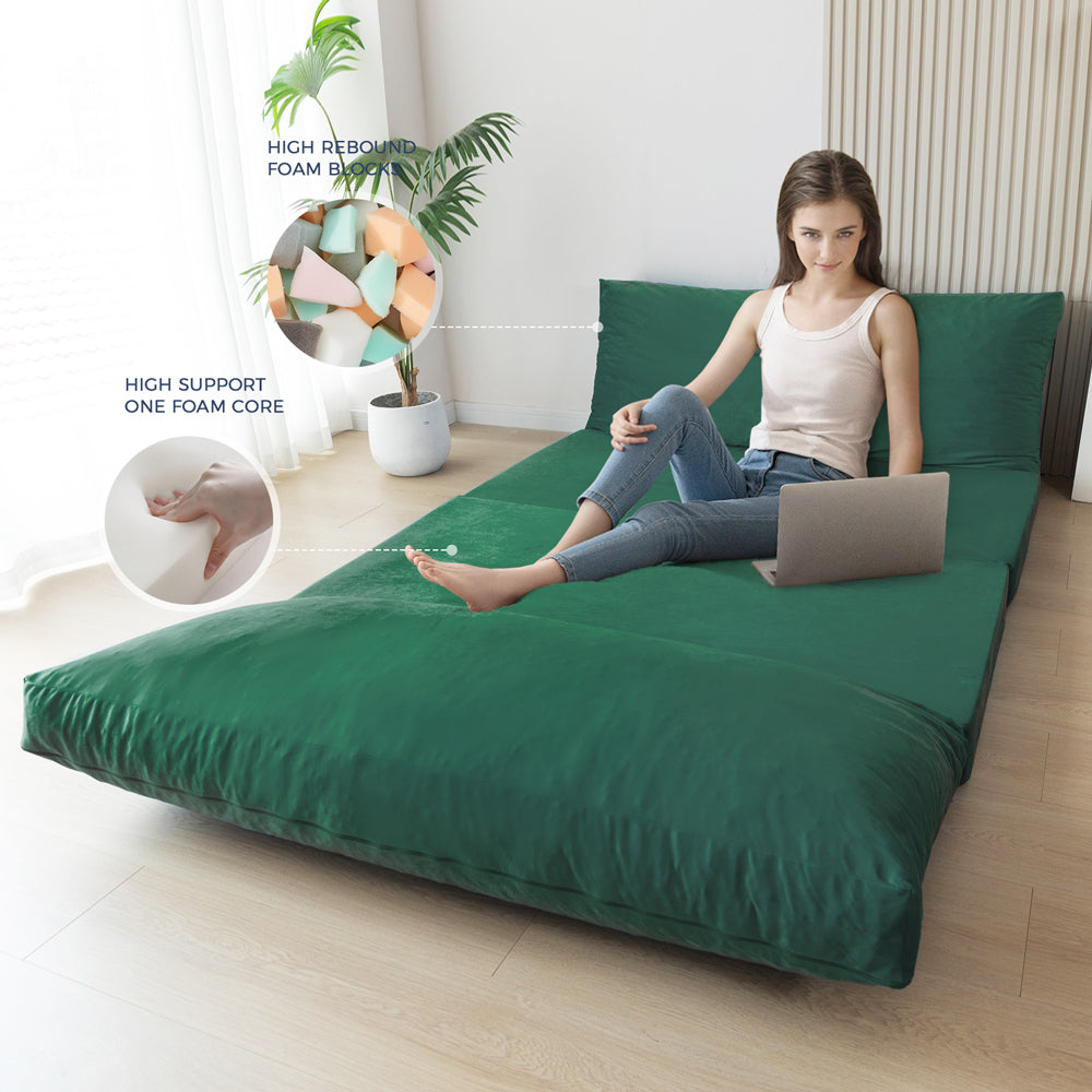 MAXYOYO Velvet Bean Bag Folding Sofa Bed - Washable Cover for Adults, Green | Portable Floor Lounger for Living Room, Bedroom & Dorm