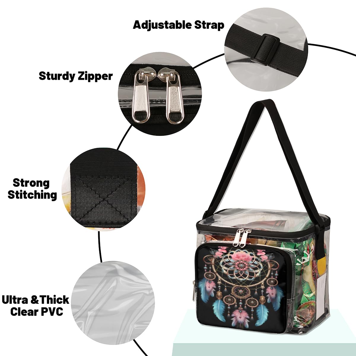 GzLeyigou Gypsy Dream Catcher Clear Tote Bag - Transparent Crossbody Shoulder Bag with Handles, Ethnic Bohemian Design for Lunch, Outdoor, Travel, Picnic, Concerts & Sports Events - Stadium Approved Clear Purse for Women, Perfect for Music Festivals, Beach Days and Shopping