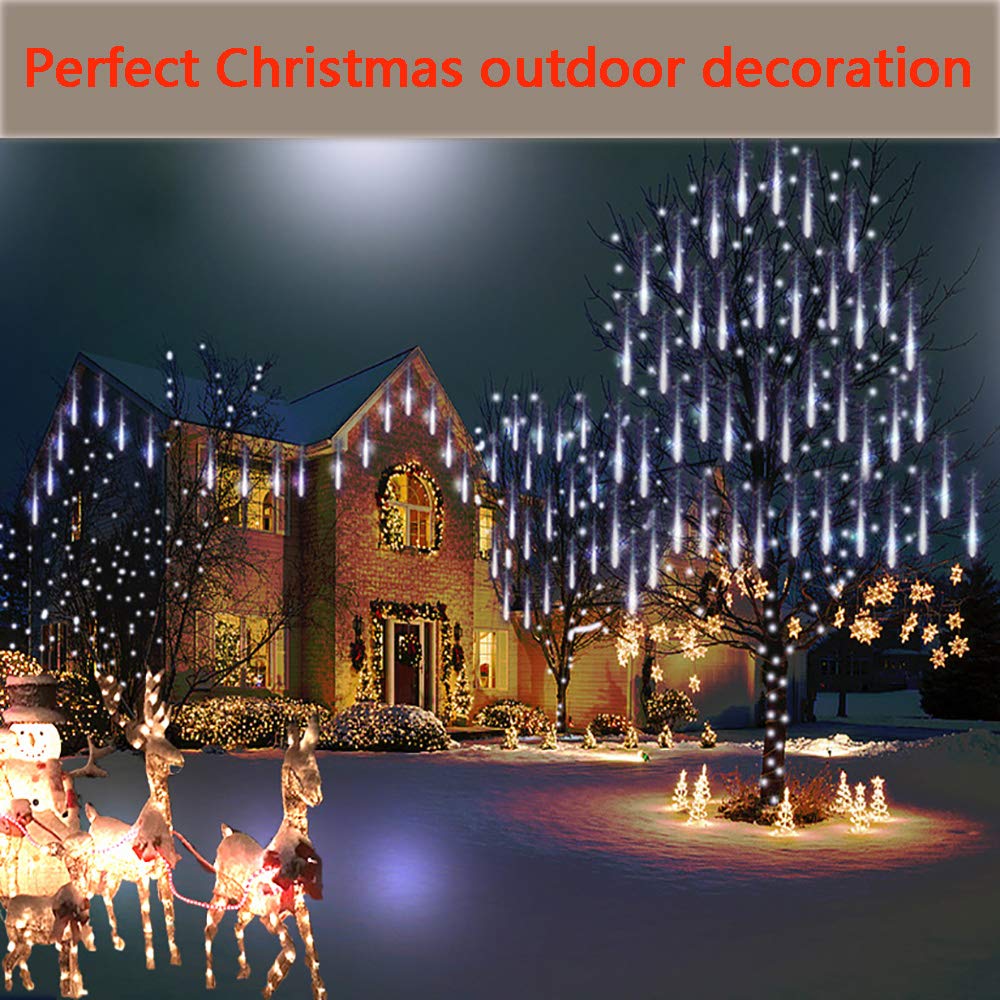 12 Inch 8 Tubes LED Meteor Shower Christmas Lights - Outdoor Waterproof Cascading Icicle Snow Falling String Lights for Holiday Decoration, Tree, Garden, Wedding & Party (White) - Perfect for Rooflines, Windows, Fences and Outdoor Holiday Displays