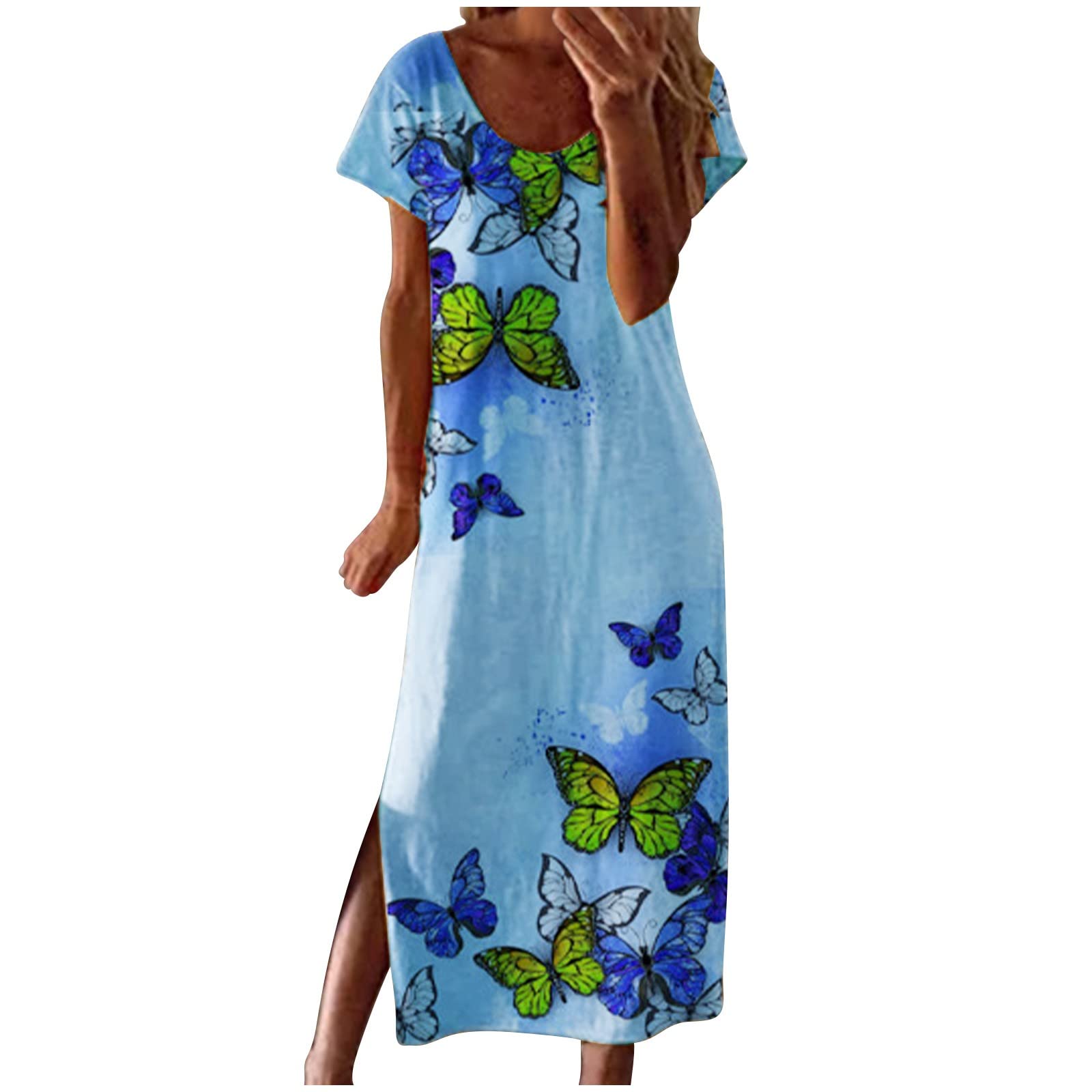 Women's Summer Maxi Dress - Comfortable Casual Round Neck Short Sleeve Printed Slit Sun Dress | Beach Wear, Vacation Outfit, Party Dress