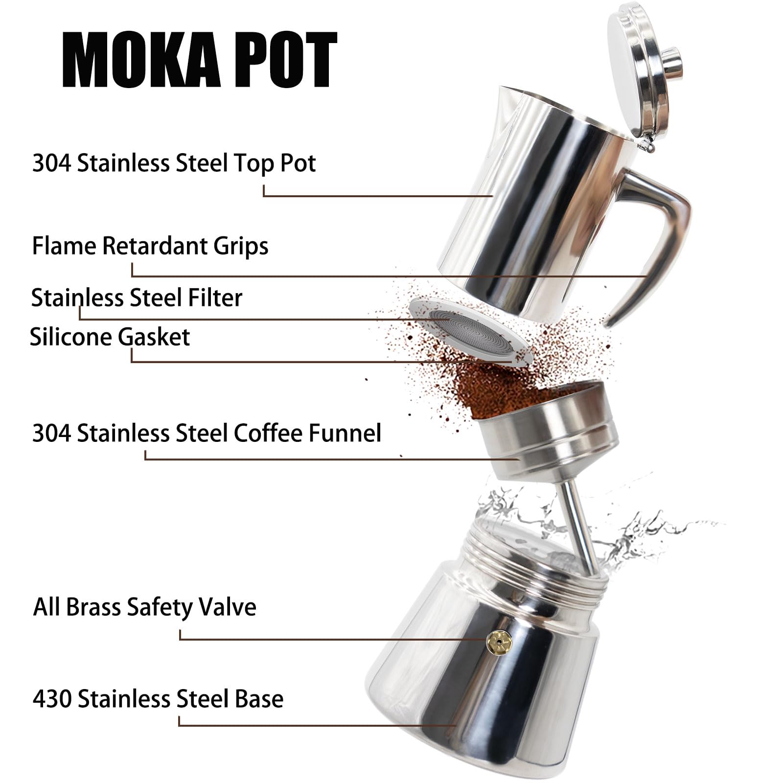 6-Cup 304 Stainless Steel Moka Pot - Stovetop Espresso Maker for Home & Camping
