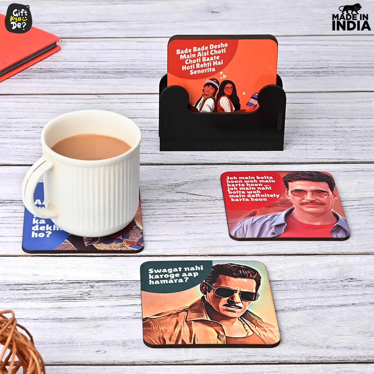 6-Piece Multi-Color Wooden Coaster Set with Stand - Eco-Friendly Square Coasters for Tea, Coffee & Glasses - Perfect for Home, Office & Restaurant Use (Bollywood Design)