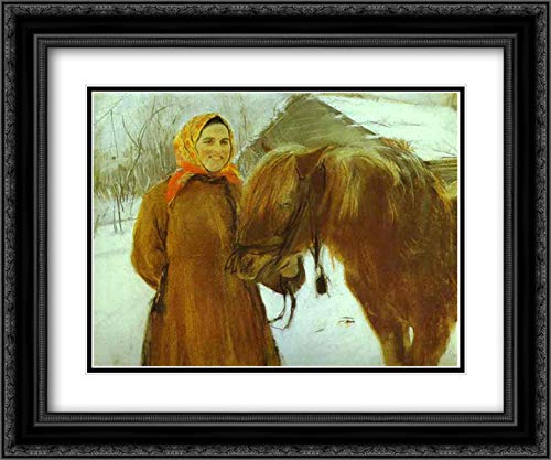Valentin Serov Peasant Woman with Horse Art Print - 24x20 Black Ornate Framed Museum Quality Double Matted Painting - Perfect for Living Room, Bedroom or Office Wall Decor
