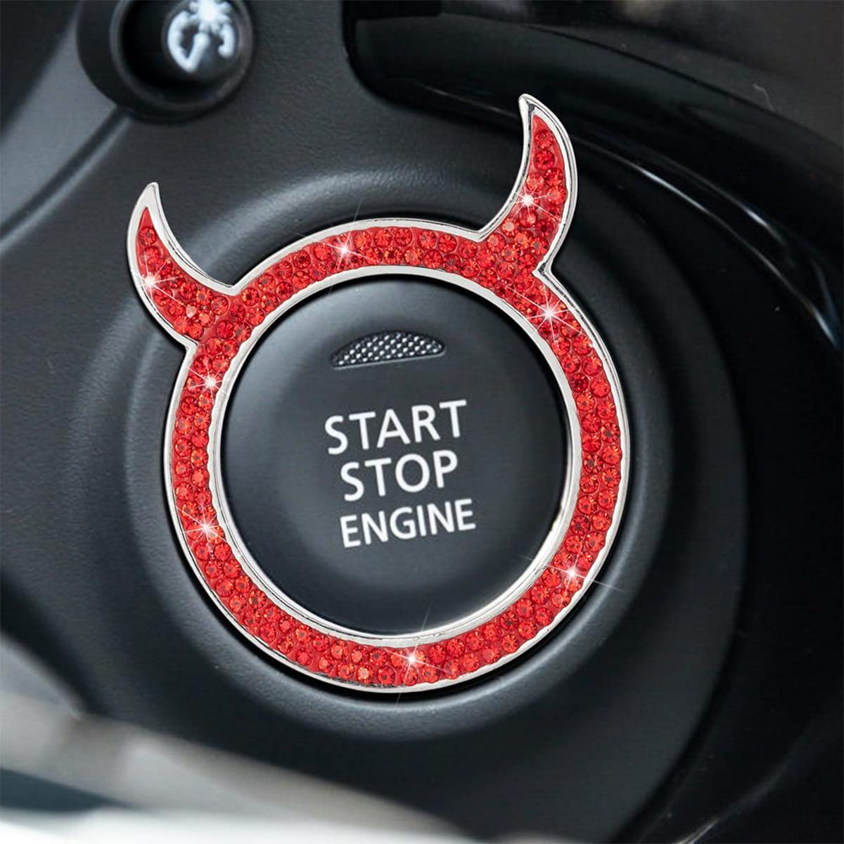 Bling Crystal Car Engine Start Stop Button Ring - 2PCS Rhinestone Push Start Decor for Auto Interior, Little Devil Sparkly Rings - Perfect for Car Accessories, Auto Show & Custom Vehicle Decoration (Red)