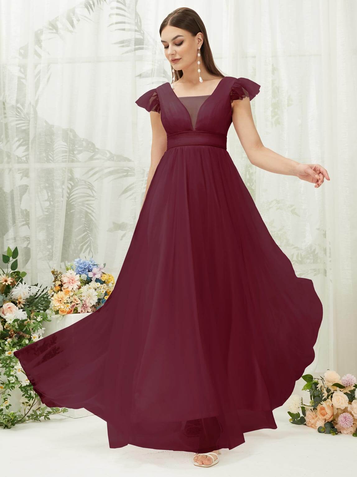 Elegant Burgundy Tulle Cap Sleeve Floor-Length Flowy Bridesmaid Dress for Wedding Party & Formal Events