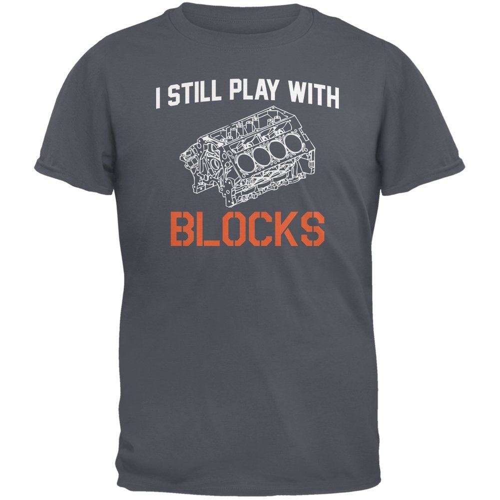 Auto Racing 'I Still Play with Blocks' Funny Graphic T-Shirt for Men - Charcoal Grey Small | Casual Wear, Gift for Racing Fans, Car Enthusiast Apparel