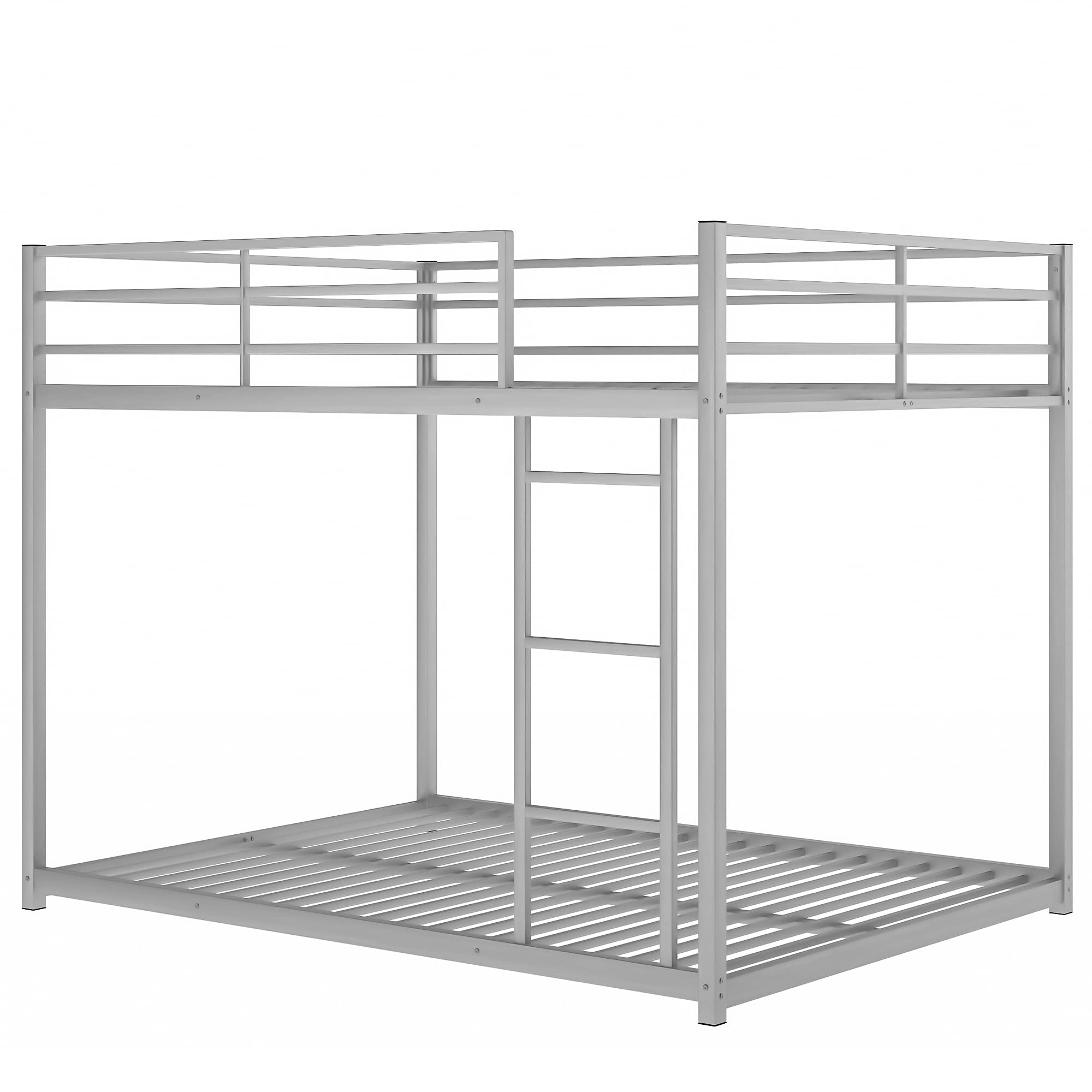 Full Over Full Metal Bunk Bed - Heavy Duty Low Profile Bunk Bed with Safety Guard Rails & Ladder for Kids, Teens & Adults - No Box Spring Needed (Silver) - Perfect for Small Bedrooms, Dorms & Guest Rooms